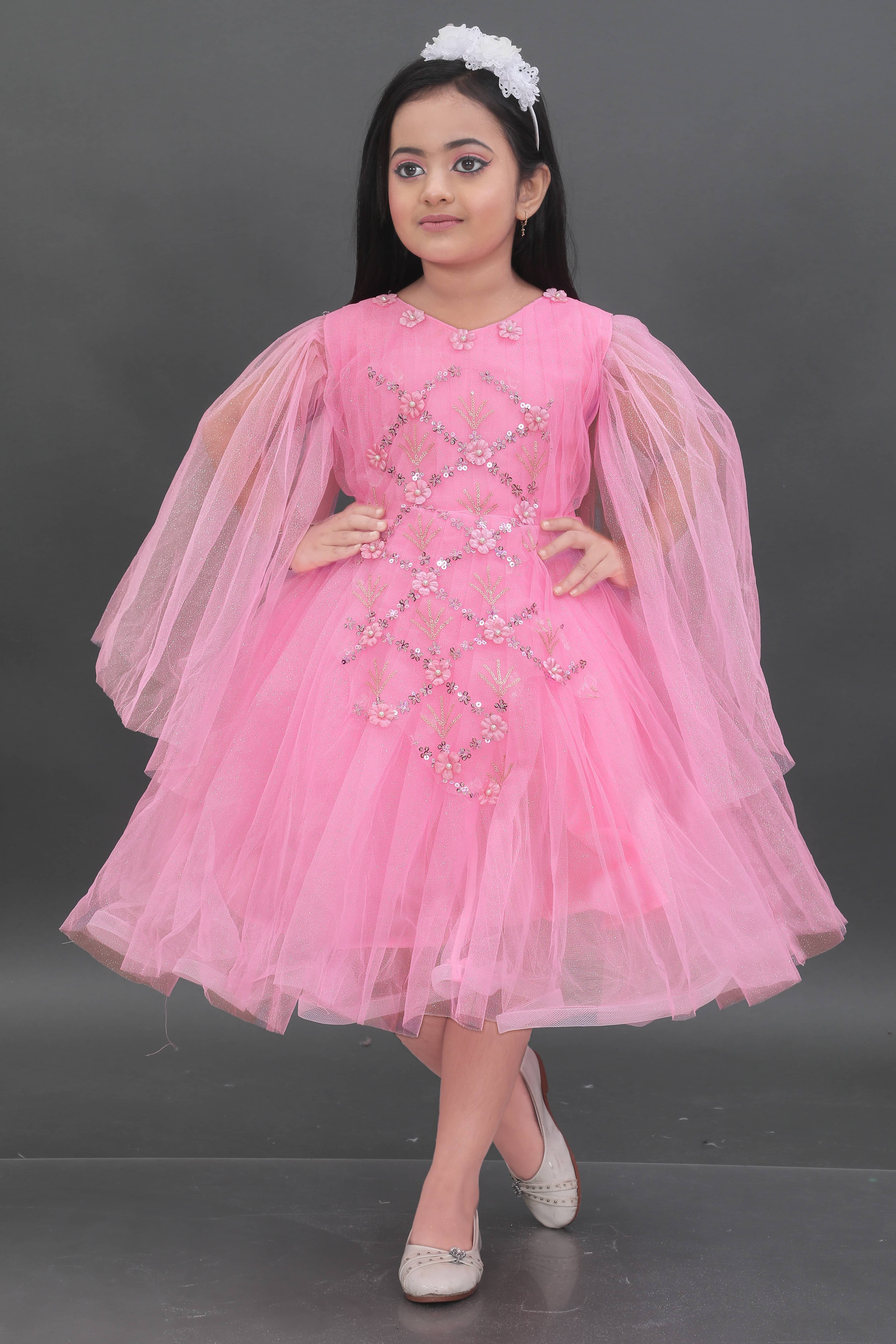 DS DRESSES Net Dress For Girls ( Pack of 1 , Pink )