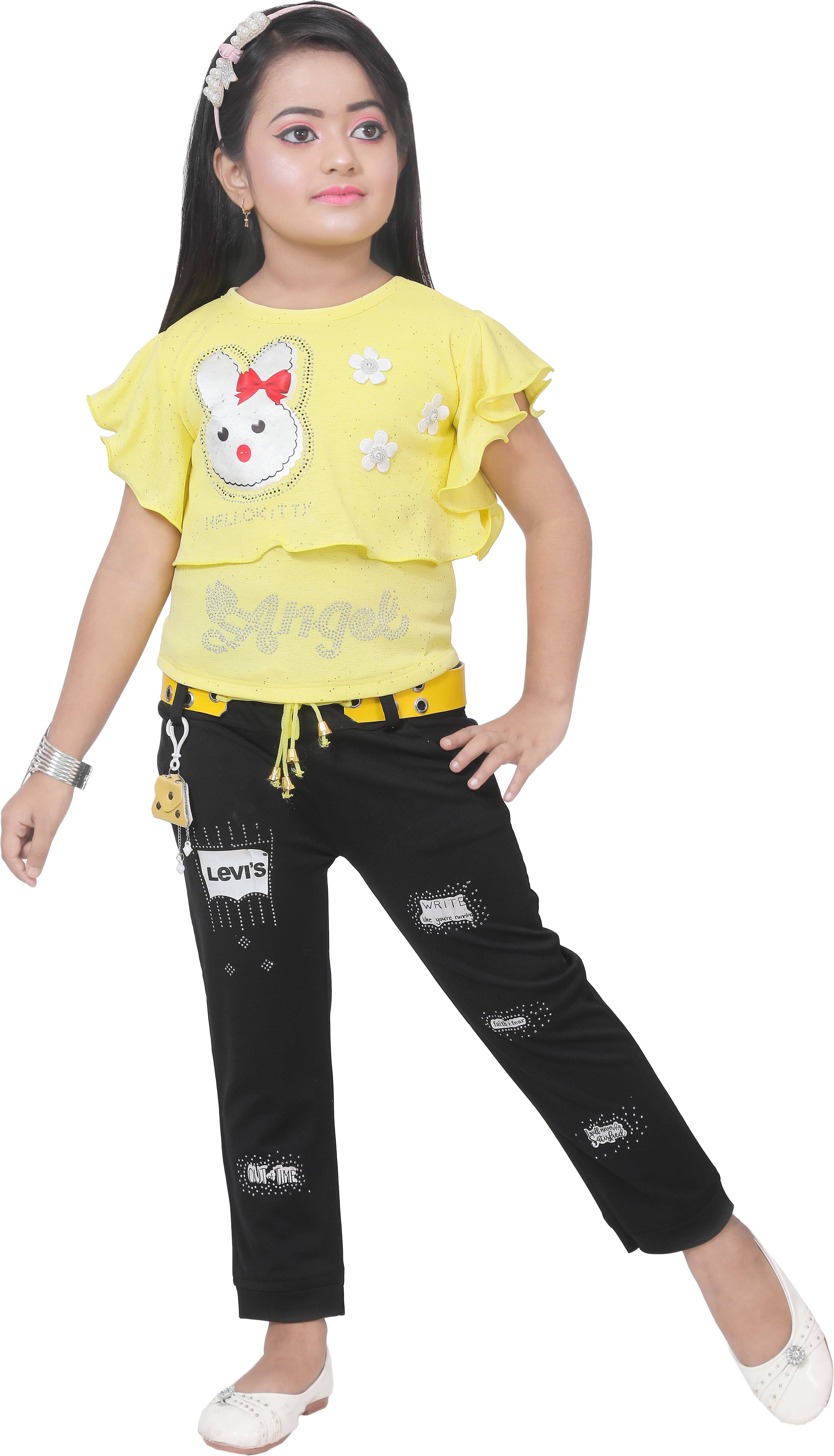 DS DRESSES Pack of 1 Girls Cotton Blend T-shirt & Pants ( Yellow )