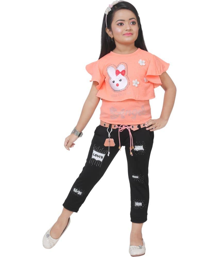 DS DRESSES Pack of 1 Girls Cotton Blend T-shirt & Jeans ( Peach )