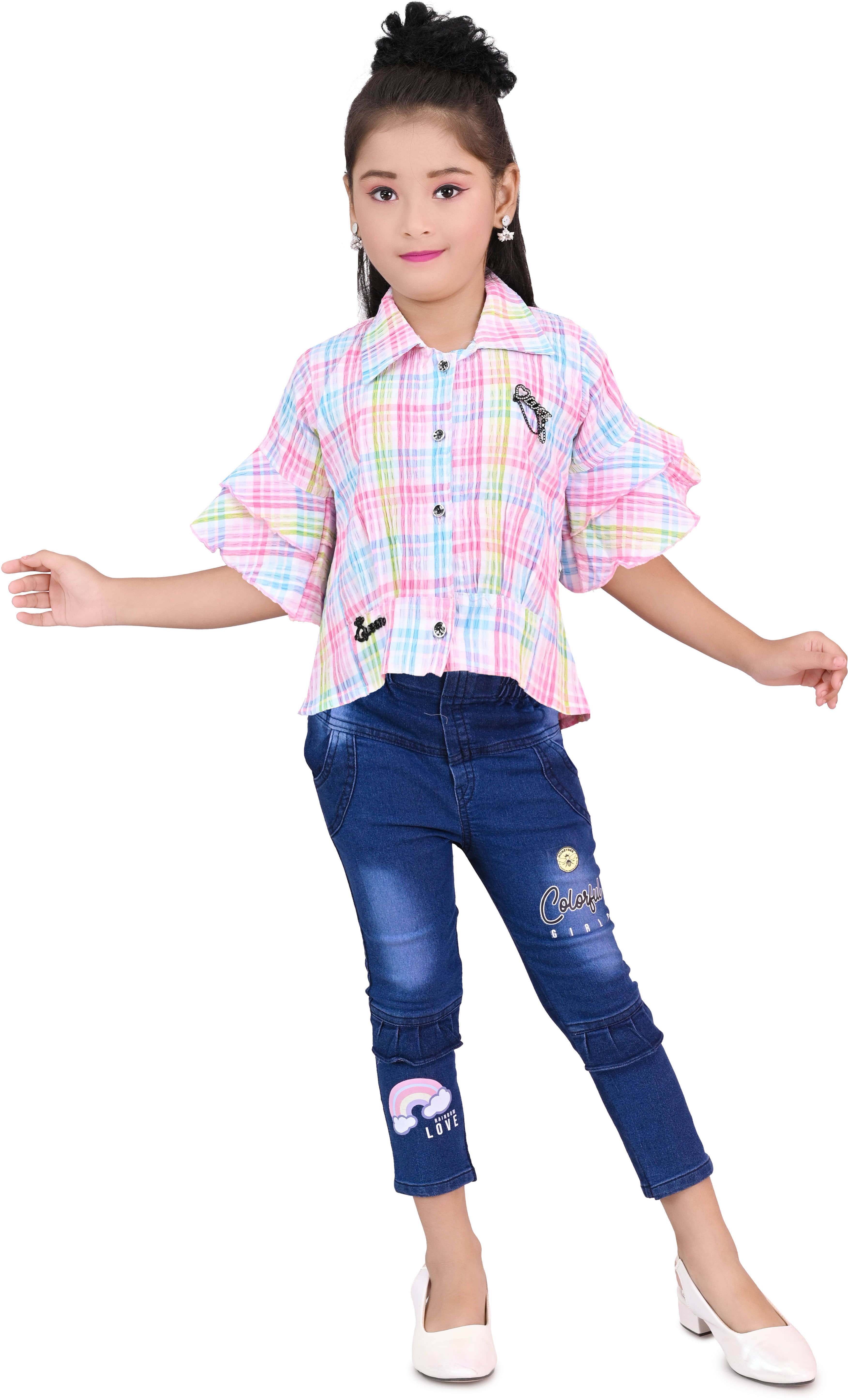 DS DRESSES Pack of 1 Girls Chiffon Shirt & Jeans ( Pink )
