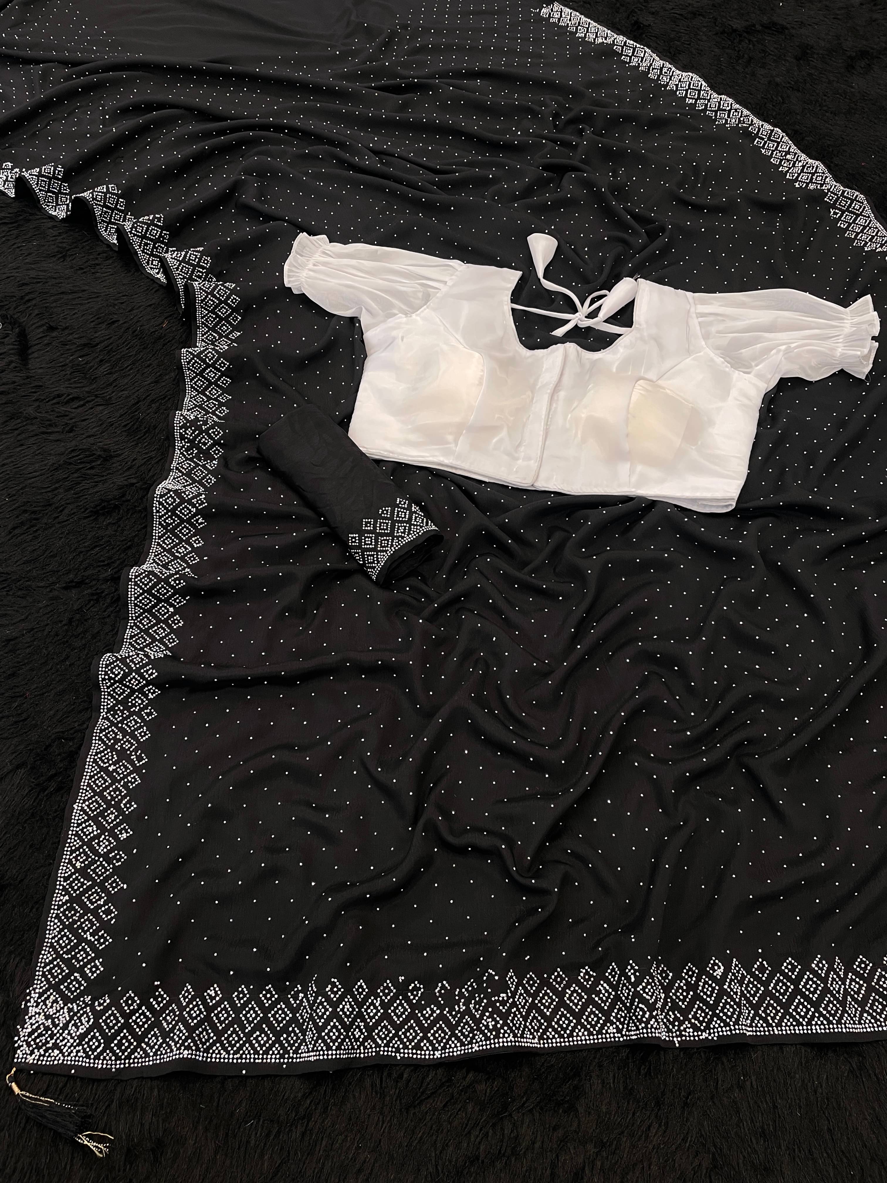 Gullak Crepe Embellished Saree With Stitched Blouse ( Black ) Gullak Crepe Embellished Saree With Stitched Blouse ( Black )