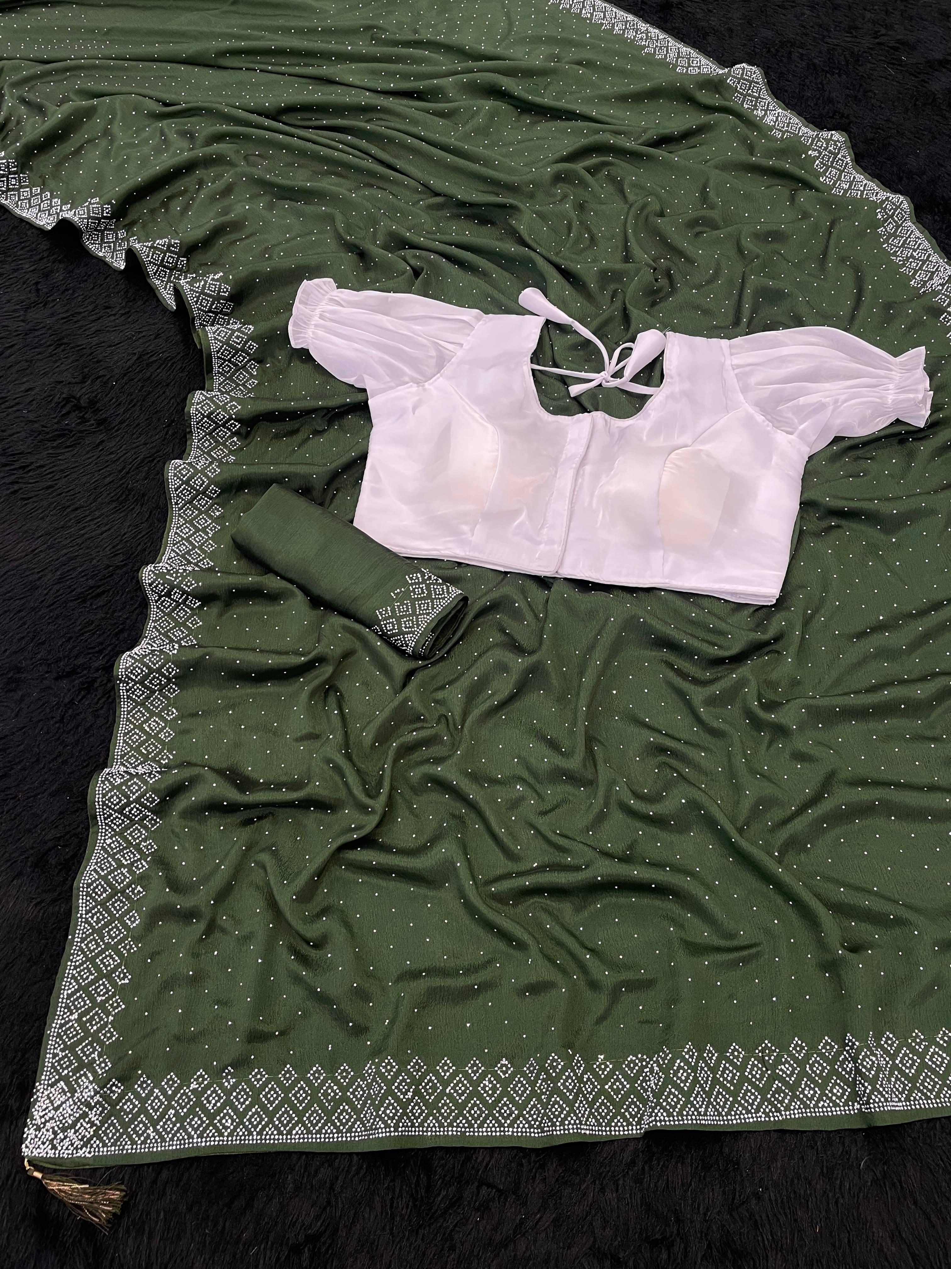     			Gullak Crepe Embellished Saree With Stitched Blouse ( Green )