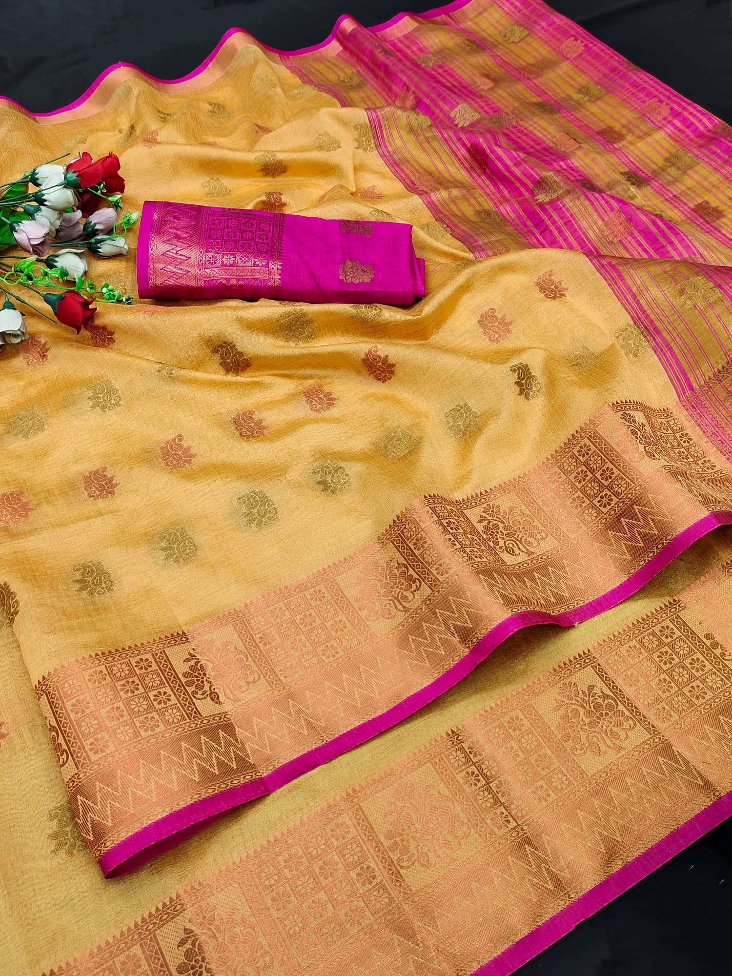 IndShopMart Asaam Silk Woven Saree With Unstitched Blouse Piece ( Yellow ) - Sarees | Buy online on ZillyBuy
