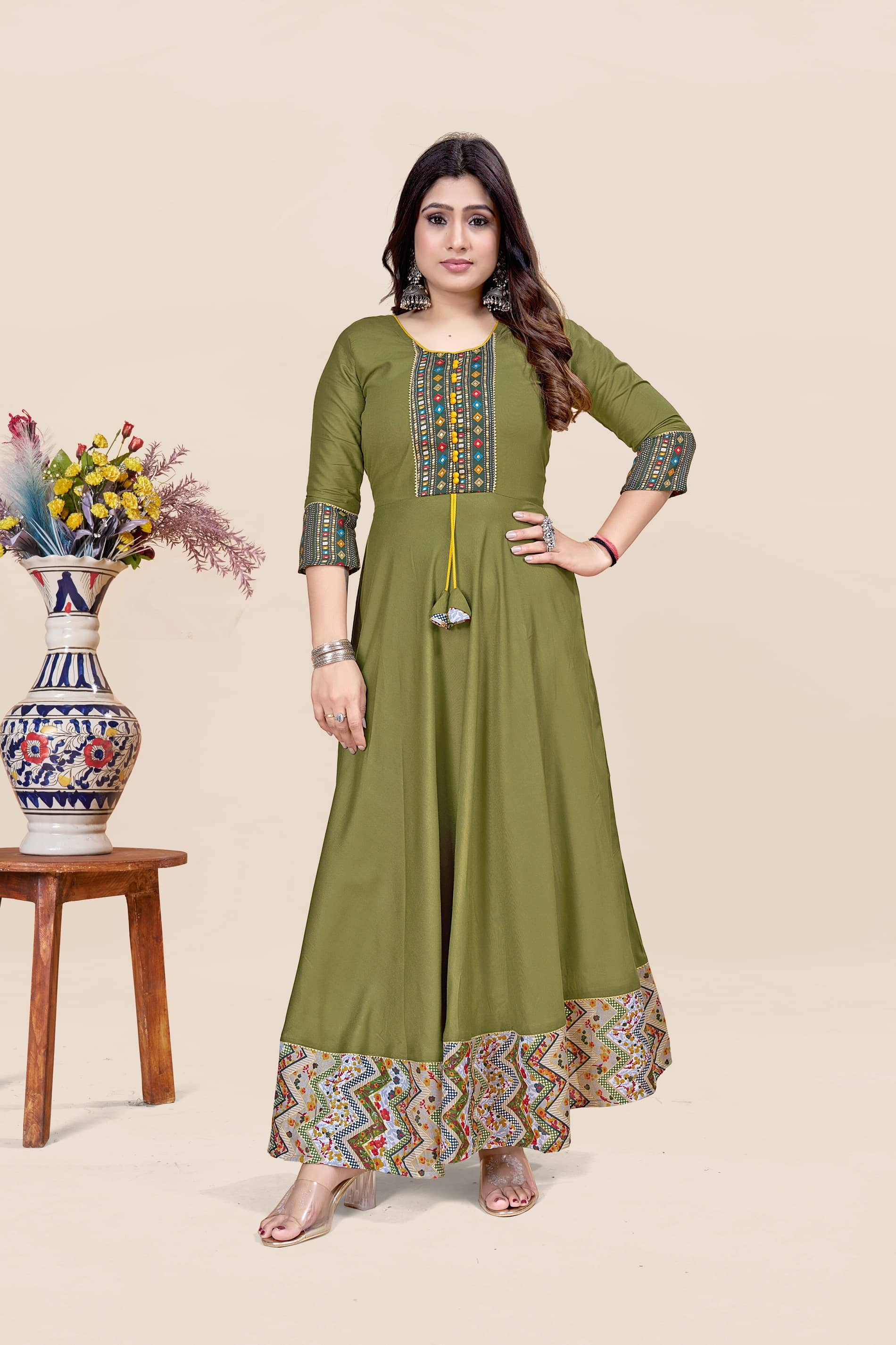 MEESORRA Pack of 1 Rayon Printed Anarkali Women's Kurti - ( Green ) - Kurtis, Tunics | Buy online on ZillyBuy