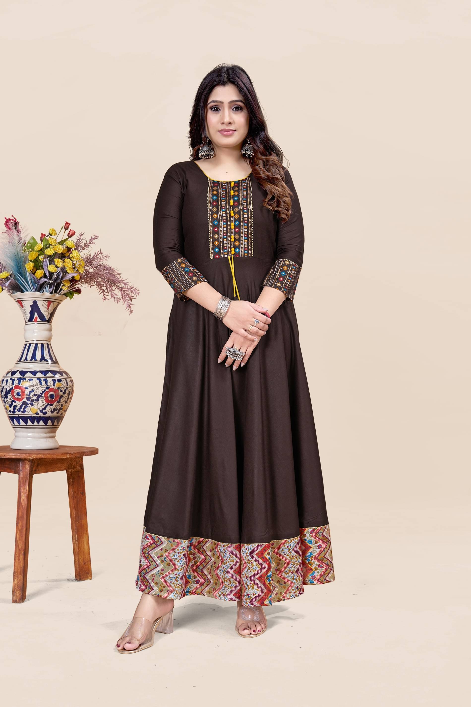 MEESORRA Pack of 1 Rayon Printed Anarkali Women's Kurti - ( Coffee ) MEESORRA Pack of 1 Rayon Printed Anarkali Women's Kurti - ( Coffee )