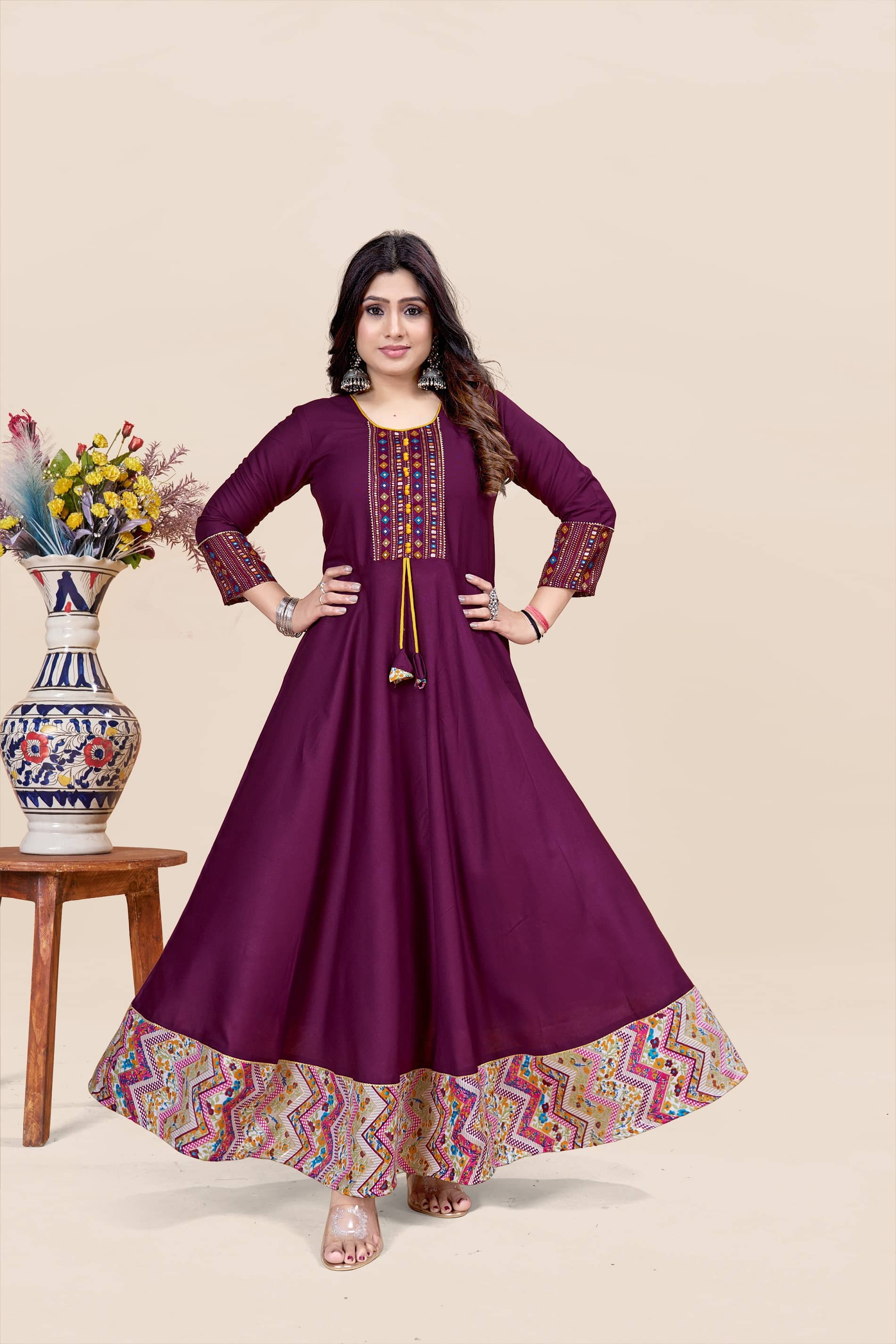 MEESORRA Pack of 1 Rayon Printed Anarkali Women's Kurti - ( Wine ) - Kurtis, Tunics | Buy online on ZillyBuy