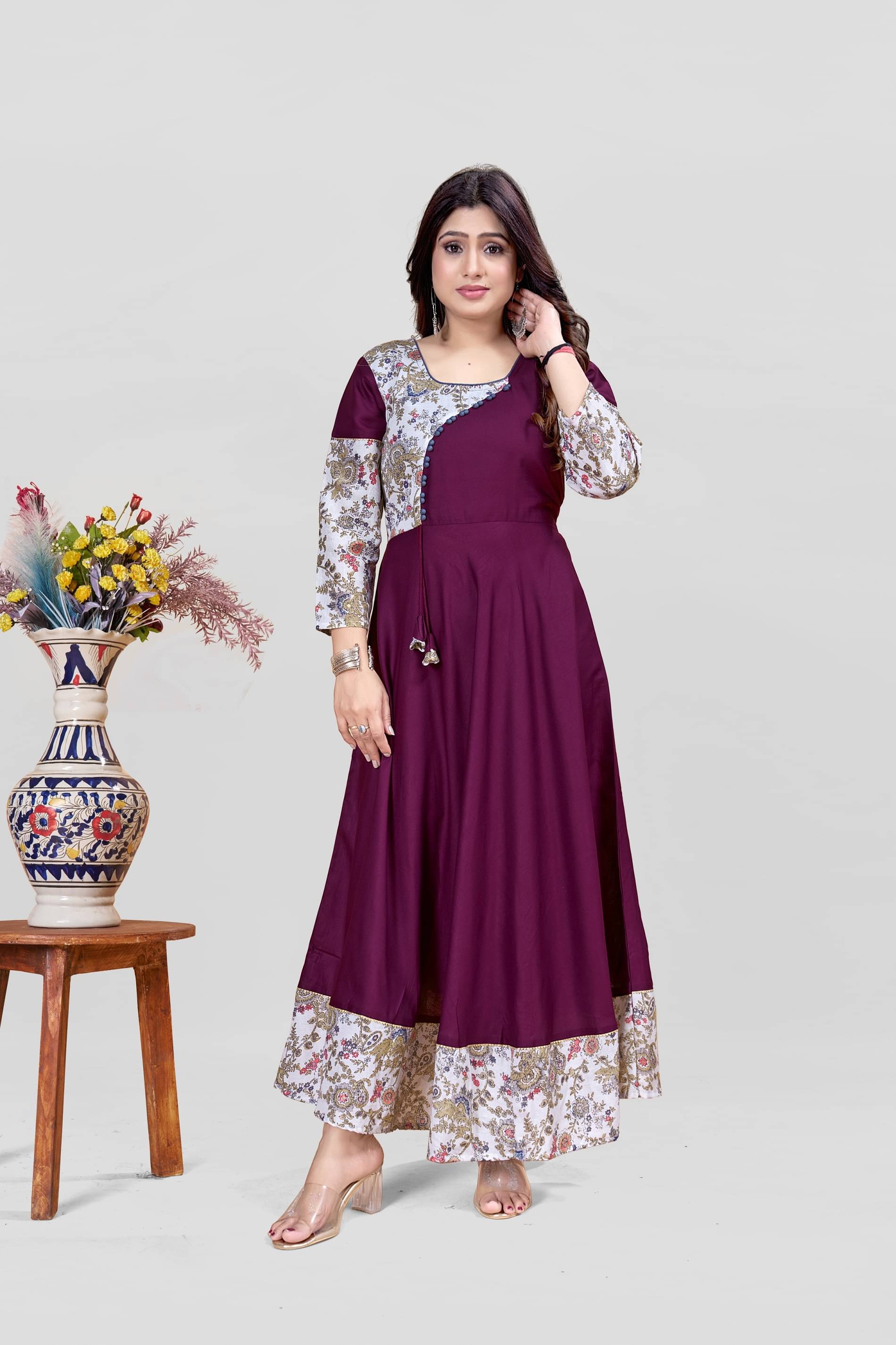     			MEESORRA Pack of 1 Rayon Printed Anarkali Women's Kurti - ( Purple )