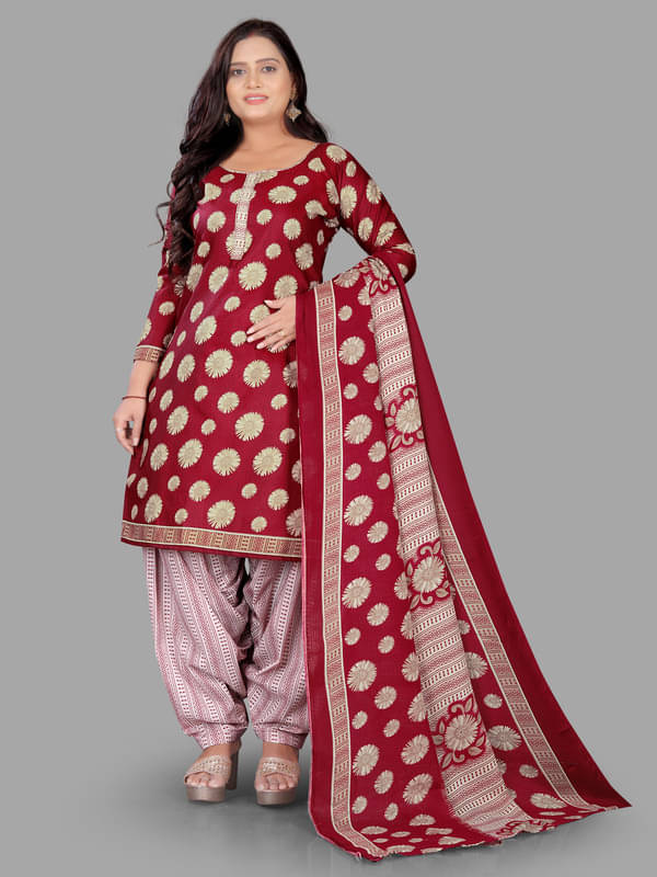     			MOJILAA Women Cotton Blend Printed Straight Kurti With Patiala Salwar ( Maroon )