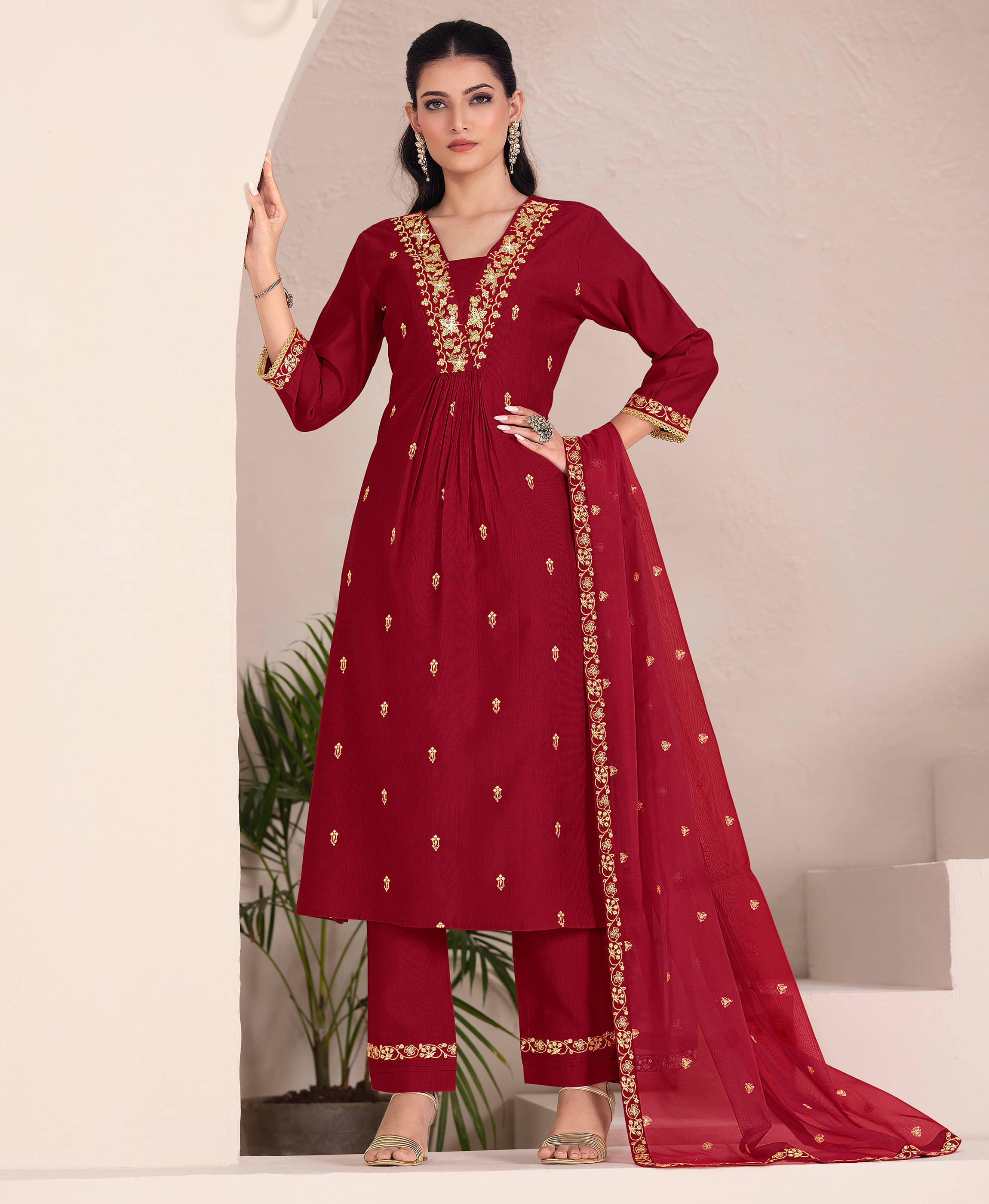     			MOJILAA Viscose Embroidered Kurti With Pants Women's Stitched Salwar Suit - Maroon ( Pack of 1 )