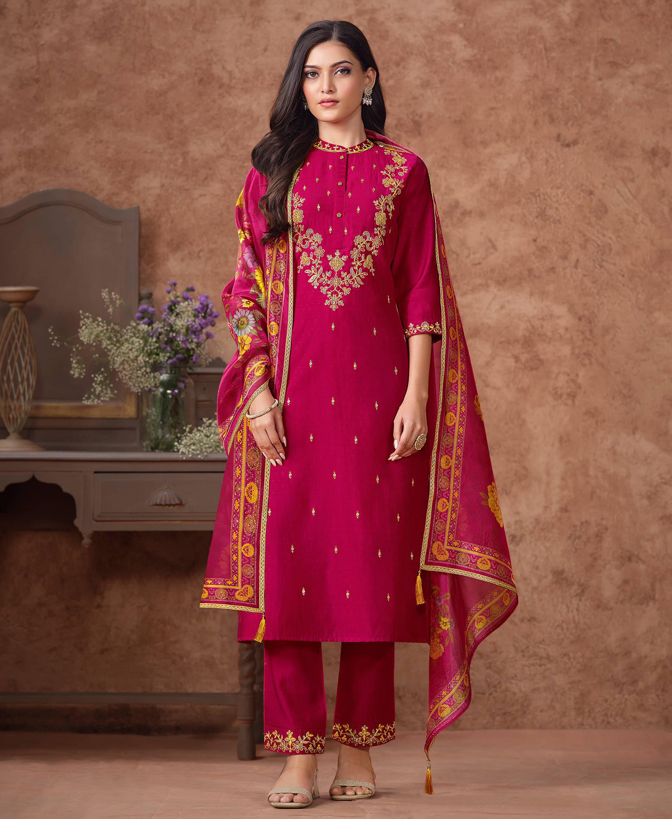     			MOJILAA Viscose Embroidered Kurti With Pants Women's Stitched Salwar Suit - Pink ( Pack of 1 )