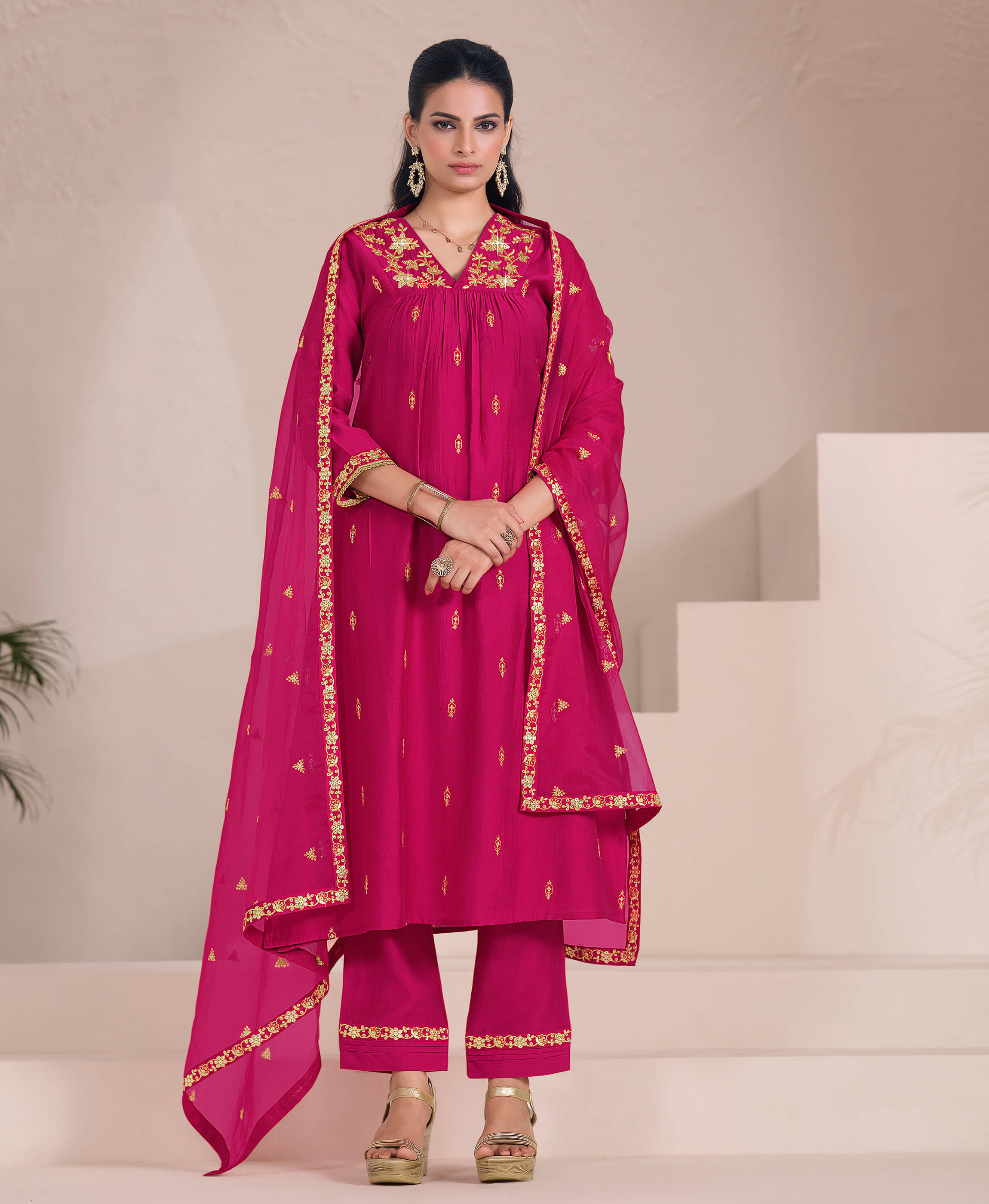     			MOJILAA Viscose Embroidered Kurti With Pants Women's Stitched Salwar Suit - Pink ( Pack of 1 )
