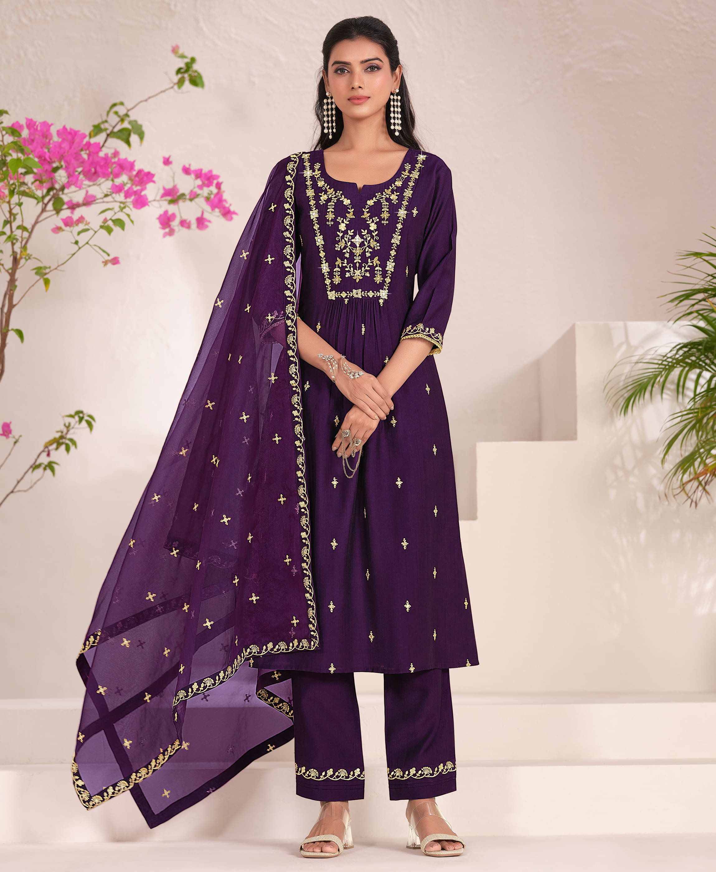     			MOJILAA Viscose Embroidered Kurti With Pants Women's Stitched Salwar Suit - Wine ( Pack of 1 )