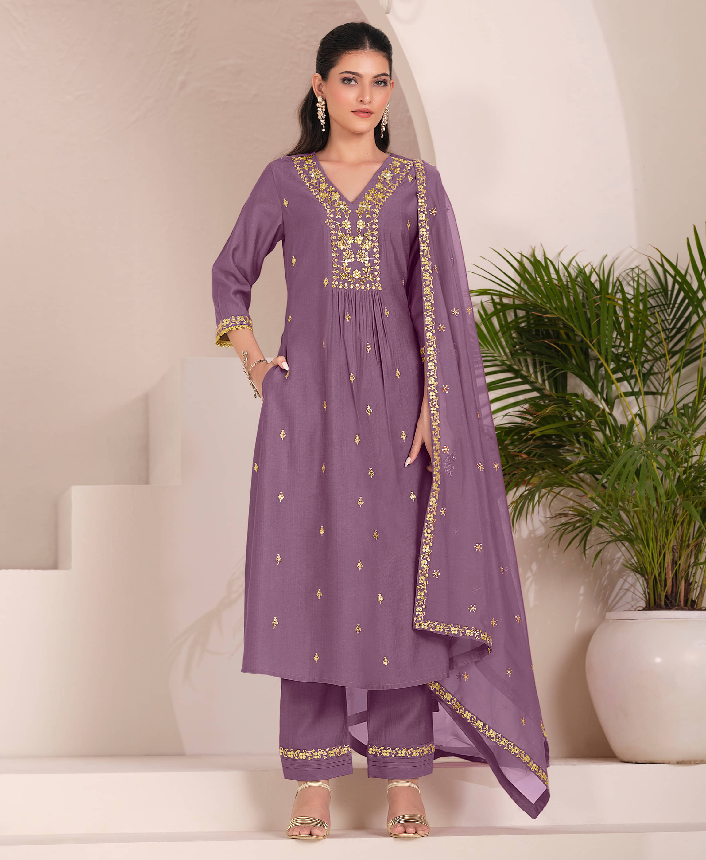 MOJILAA Viscose Embroidered Kurti With Pants Women's Stitched Salwar Suit - Lavender ( Pack of 1 ) MOJILAA Viscose Embroidered Kurti With Pants Women's Stitched Salwar Suit - Lavender ( Pack of 1 )