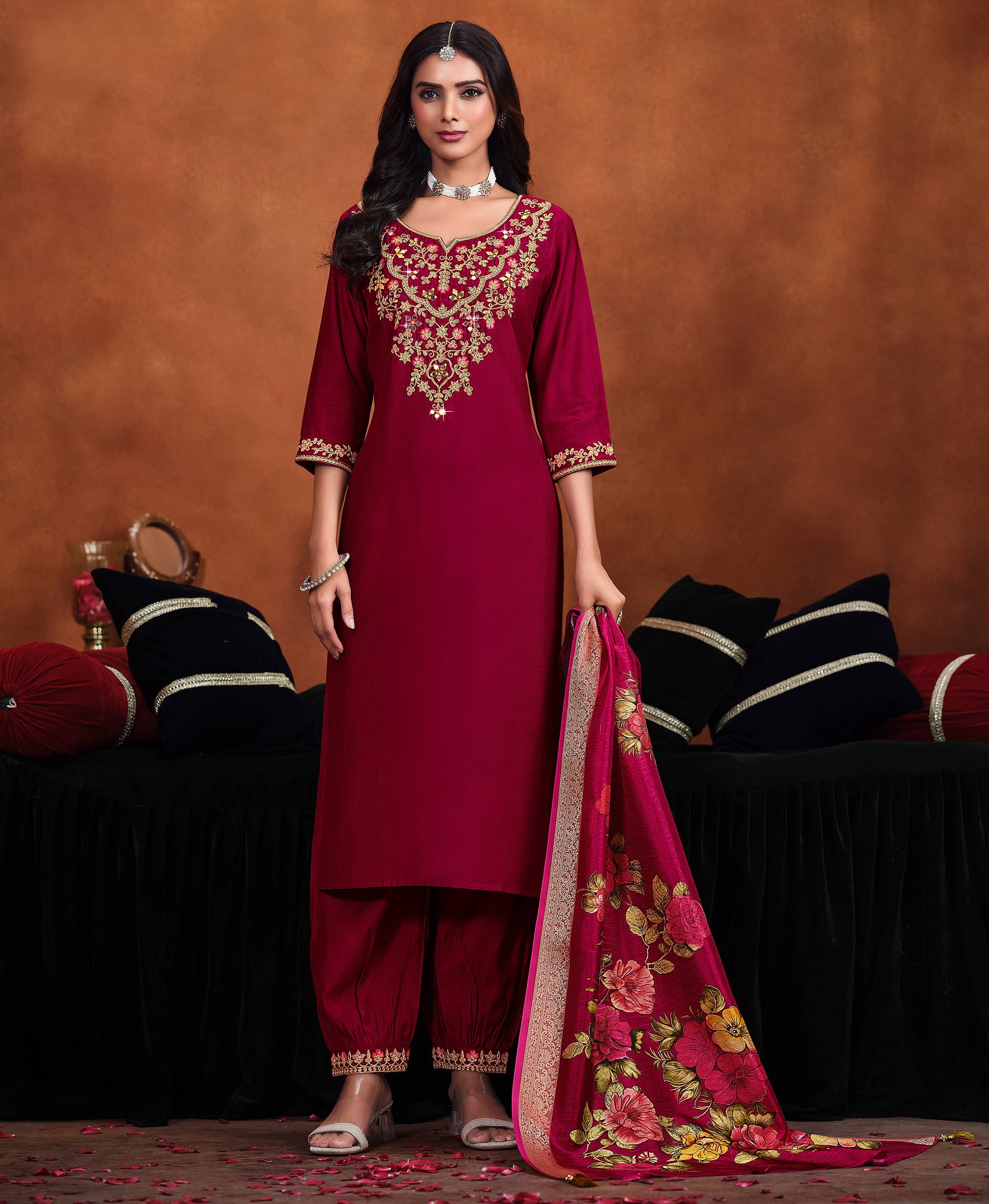 MOJILAA Viscose Embroidered Kurti With Salwar Women's Stitched Salwar Suit - Maroon ( Pack of 1 ) MOJILAA Viscose Embroidered Kurti With Salwar Women's Stitched Salwar Suit - Maroon ( Pack of 1 )