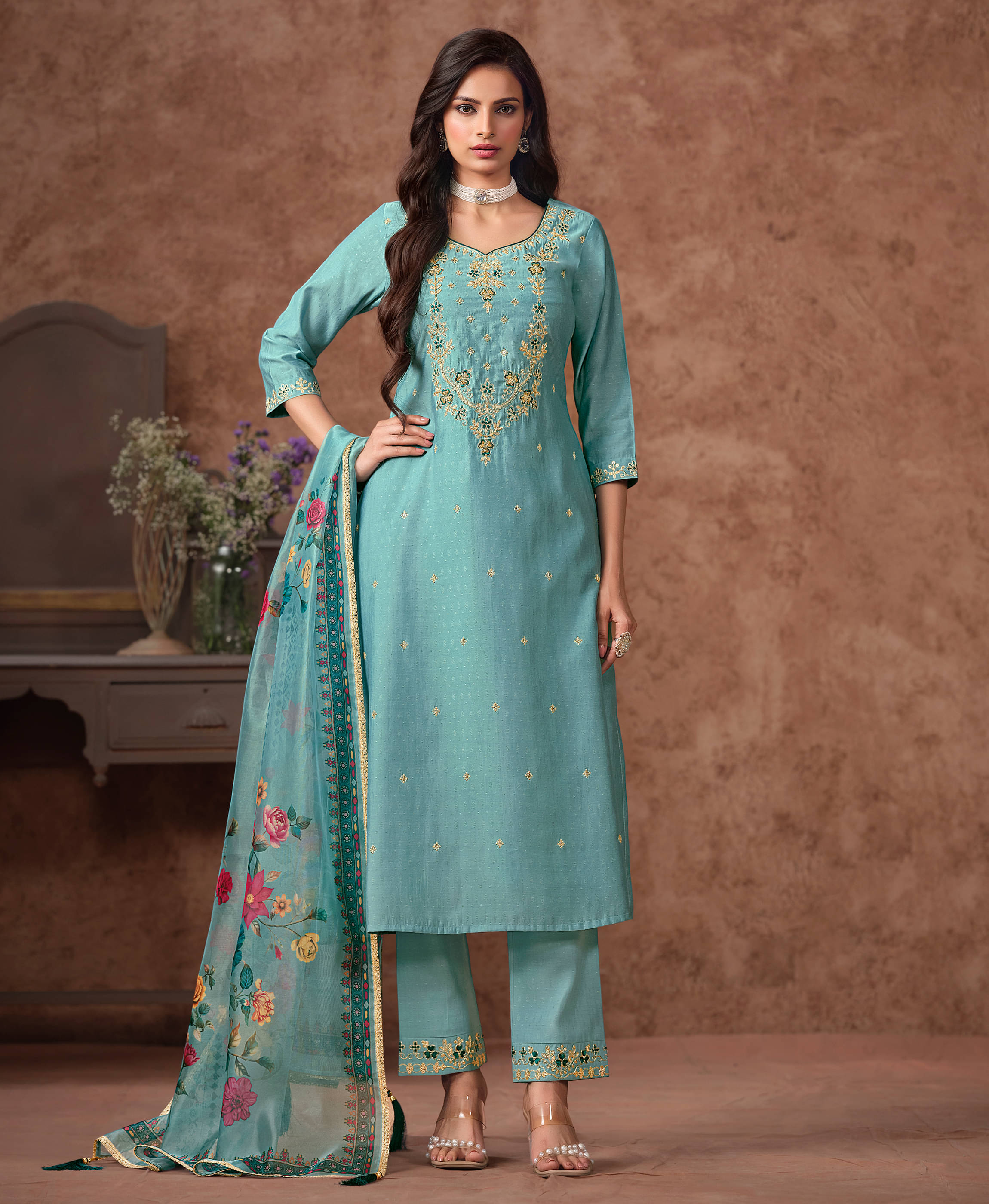     			MOJILAA Viscose Embroidered Kurti With Pants Women's Stitched Salwar Suit - Sea Green ( Pack of 1 )