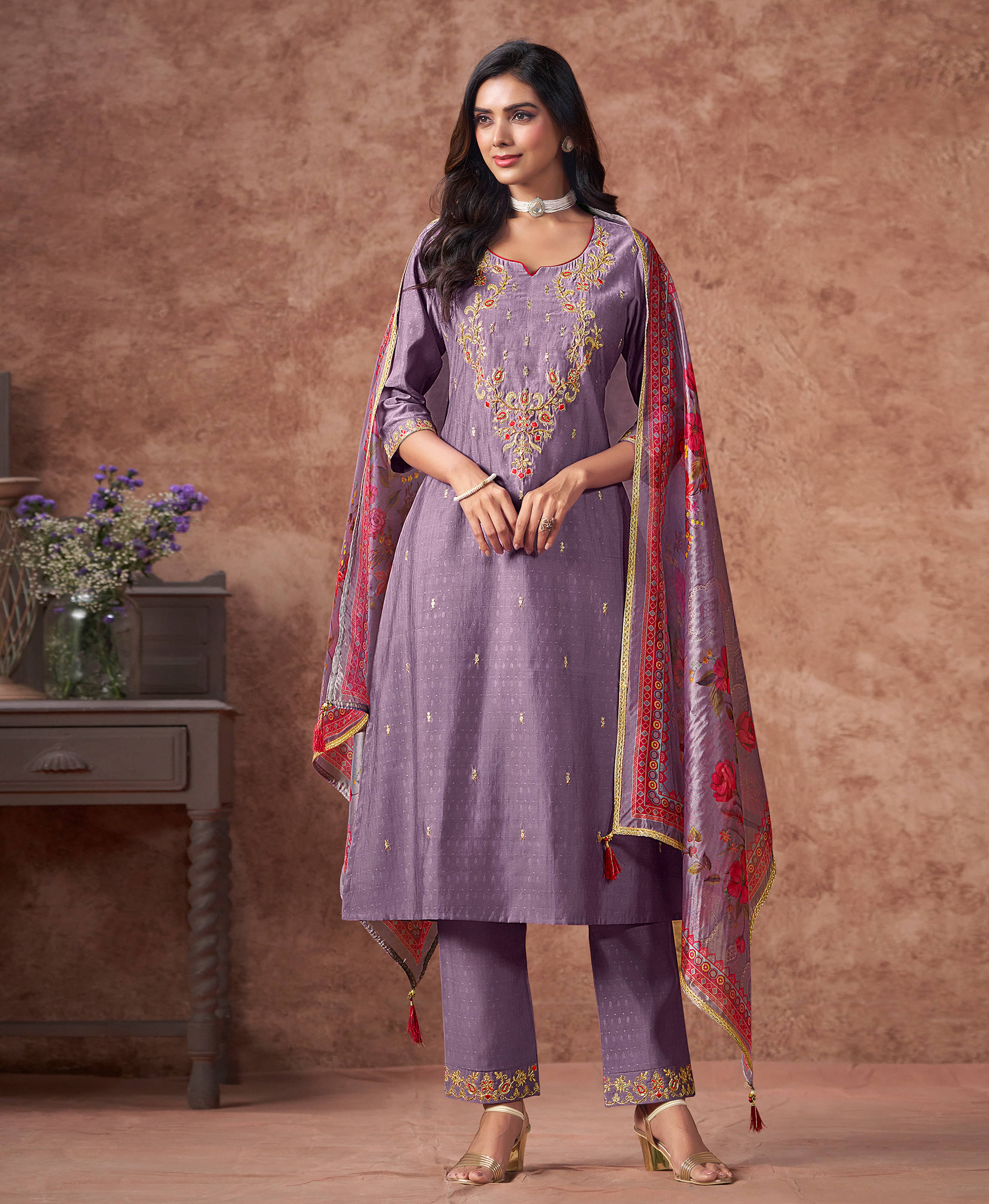 MOJILAA Viscose Embroidered Kurti With Pants Women's Stitched Salwar Suit - Lavender ( Pack of 1 )     			MOJILAA Viscose Embroidered Kurti With Pants Women's Stitched Salwar Suit - Lavender ( Pack of 1 )
