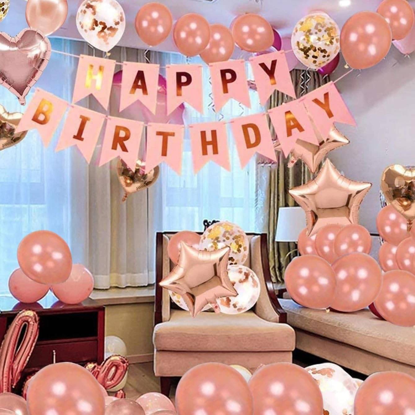     			PartyBooms 44 Pc Party Decoration Item Chrome Metallic Pastel Balloon's Along With Glue Dot Roll Happy Birthday Foil Banner | Birthday Decorations Kit Combo Girl Boy(Rose Gold)
