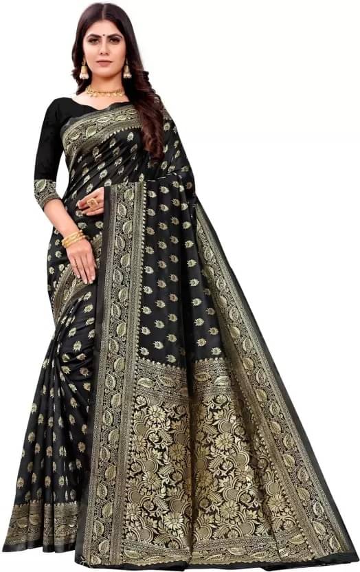 Saadhvi Silk Embellished Saree With Unstitched Blouse Piece ( Black )     			Saadhvi Silk Embellished Saree With Unstitched Blouse Piece ( Black )
