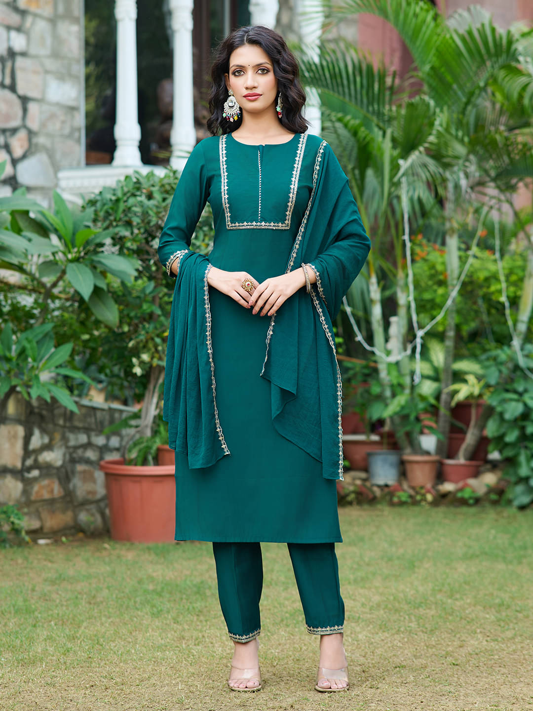     			VIBE VISION Silk Blend Embellished Kurti With Pants Women's Stitched Salwar Suit - Teal ( Pack of 1 )