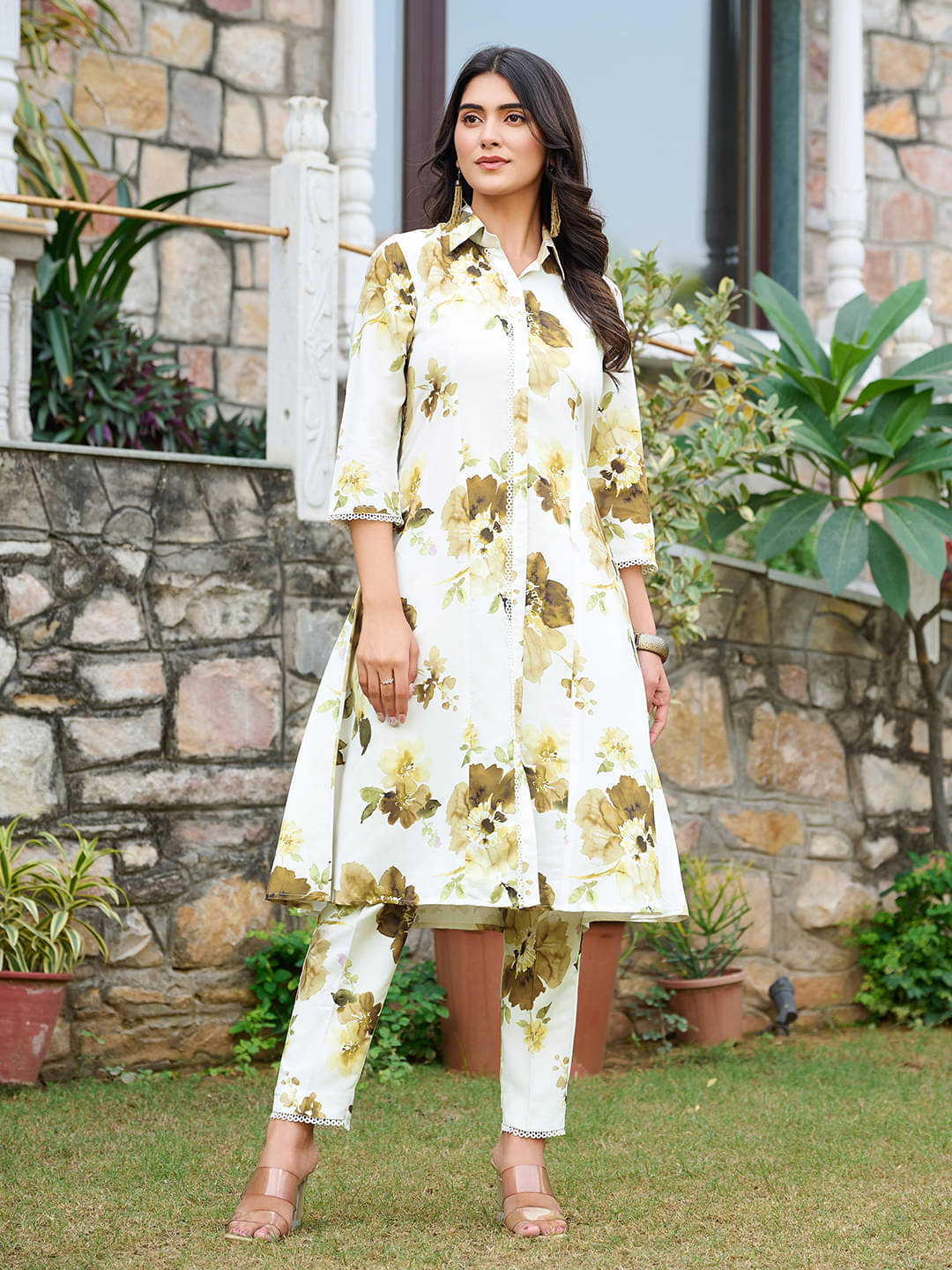     			VIBE VISION Silk Blend Printed Kurti With Pants Women's Stitched Salwar Suit - White ( Pack of 1 )