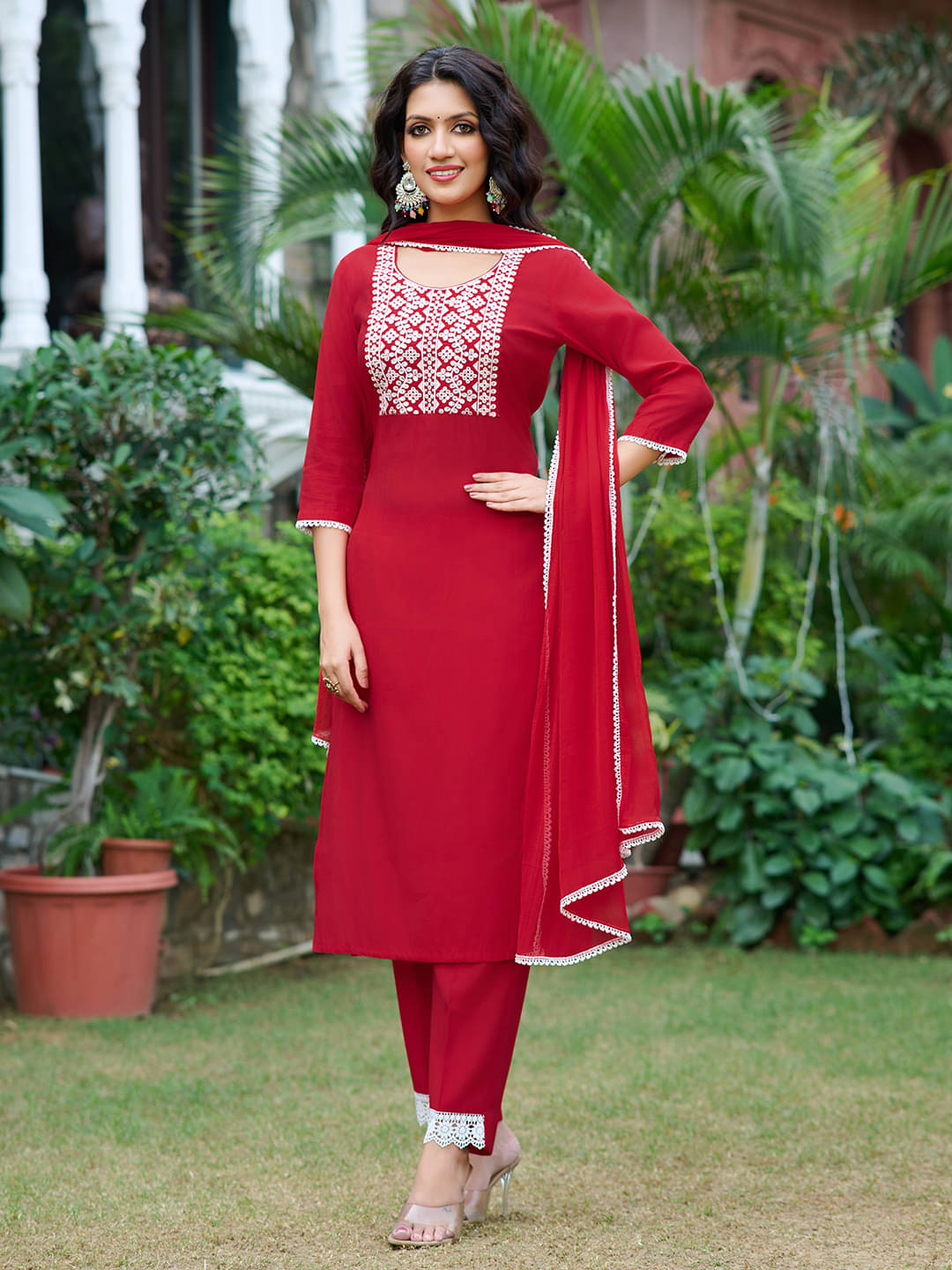     			VIBE VISION Silk Blend Self Design Kurti With Pants Women's Stitched Salwar Suit - Red ( Pack of 1 )