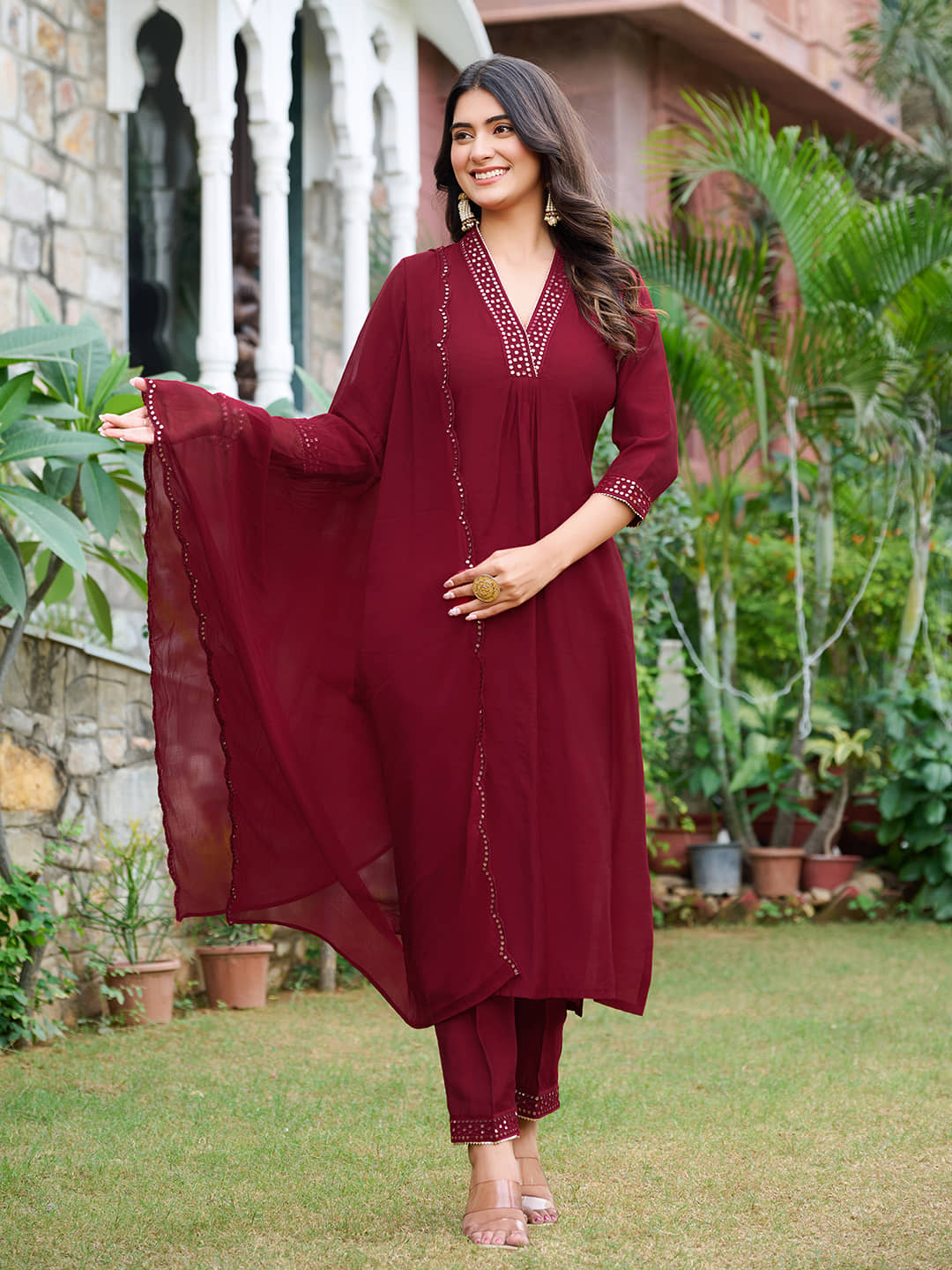 VIBE VISION Silk Blend Solid Kurti With Pants Women's Stitched Salwar Suit - Maroon ( Pack of 1 )