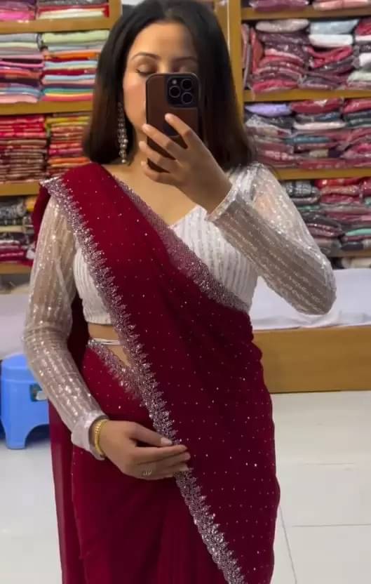 Vkaran Georgette Self Design Saree With Unstitched Blouse Piece ( Maroon ) Vkaran Georgette Self Design Saree With Unstitched Blouse Piece ( Maroon )