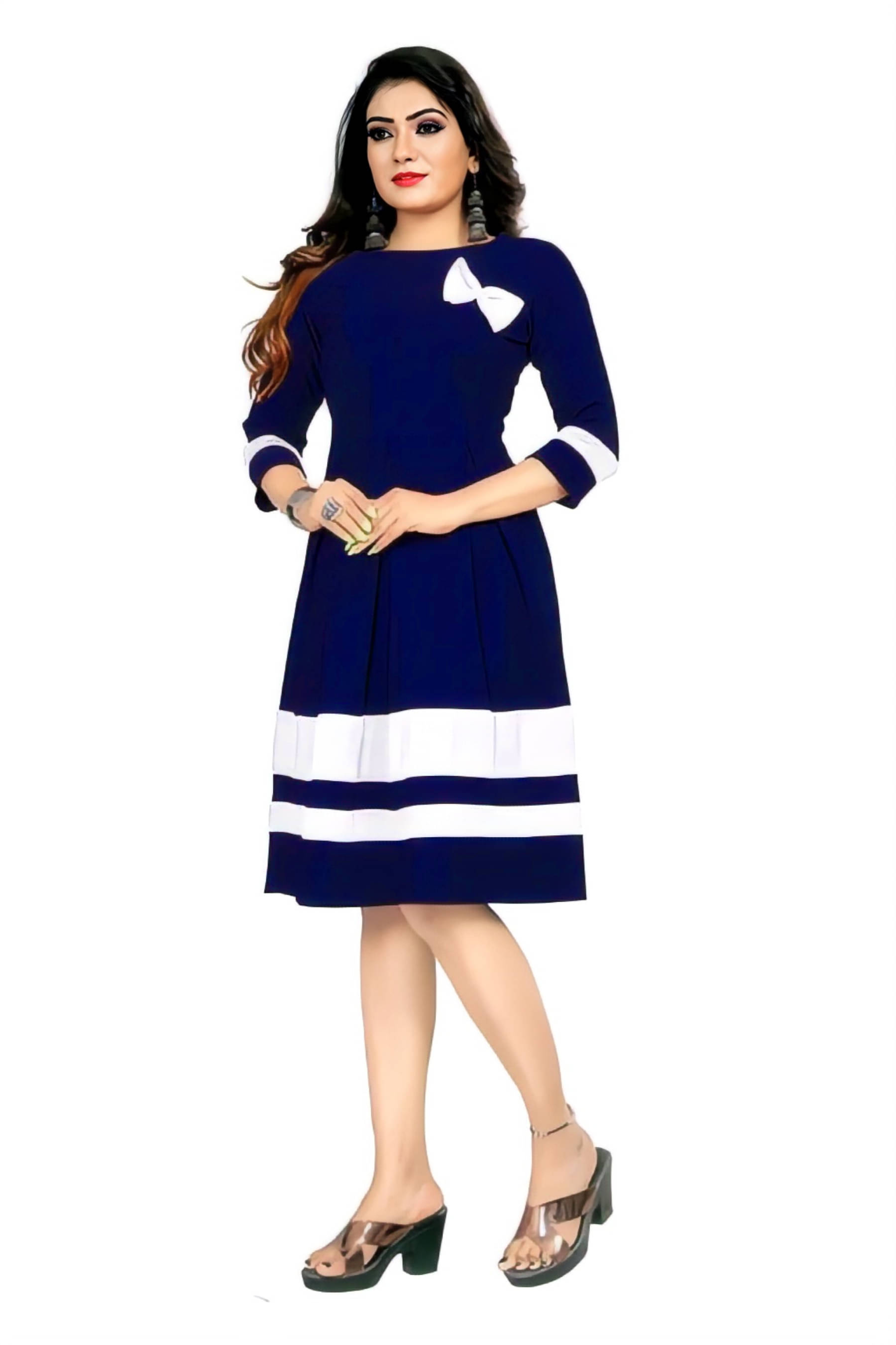 ZELZIS Crepe Striped Calf-Length Women's A-line Dress - Blue ( Pack of 1 ) ZELZIS Crepe Striped Calf-Length Women's A-line Dress - Blue ( Pack of 1 )