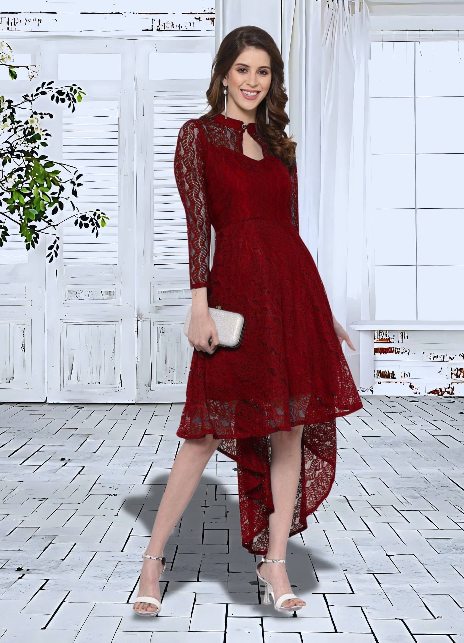 ZELZIS Women Net Printed Asymmetric Dress ( Maroon ) ZELZIS Women Net Printed Asymmetric Dress ( Maroon )