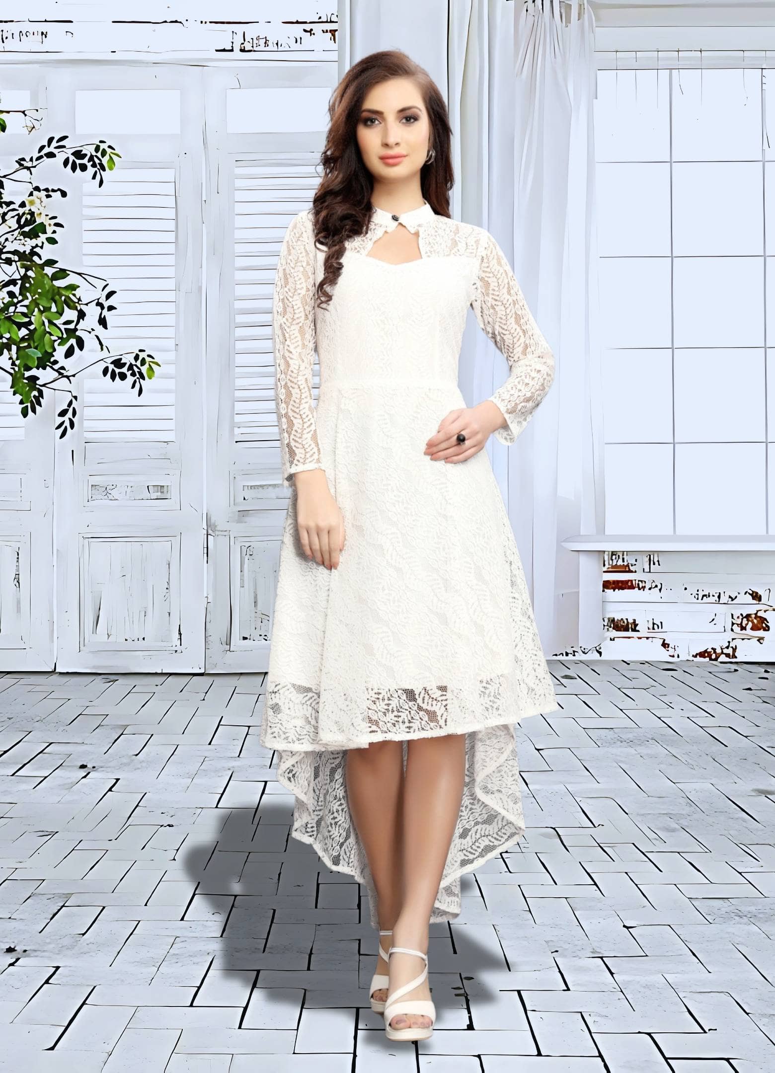 ZELZIS Women Net Printed Asymmetric Dress ( White )