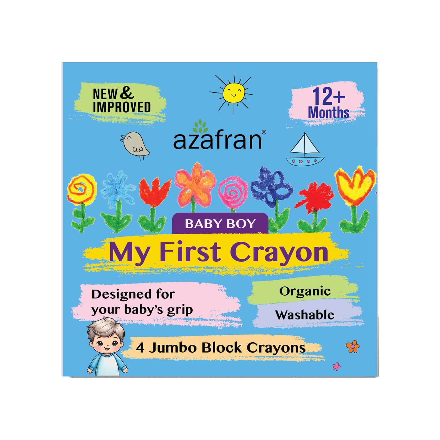     			Azafran My First Crayon for Baby Boy, 4 Jumbo Block Crayons, Organic, Washable, Non-Toxic, Easy Grip for Tiny Hands