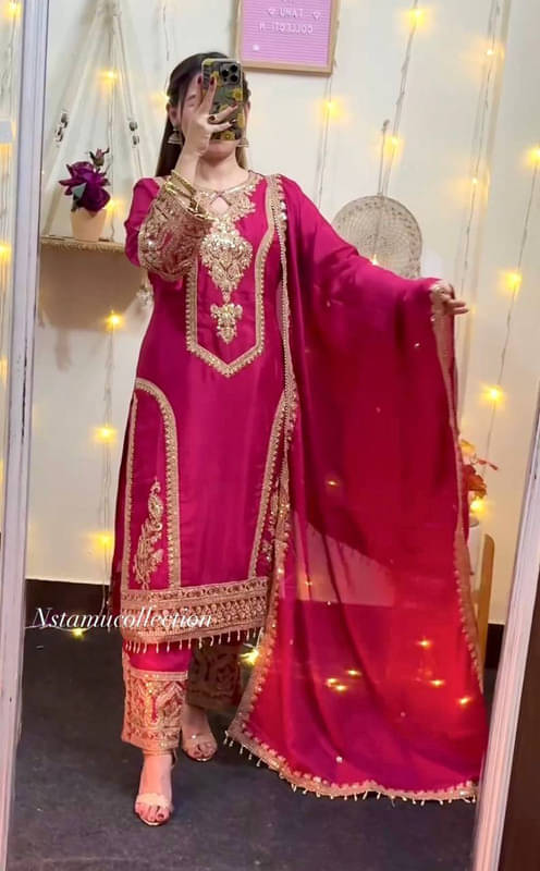 BHAGYASHRAY Chanderi Silk Embellished Kurti With Pants Women's Stitched Salwar Suit - Pink ( Pack of 1 ) BHAGYASHRAY Chanderi Silk Embellished Kurti With Pants Women's Stitched Salwar Suit - Pink ( Pack of 1 )