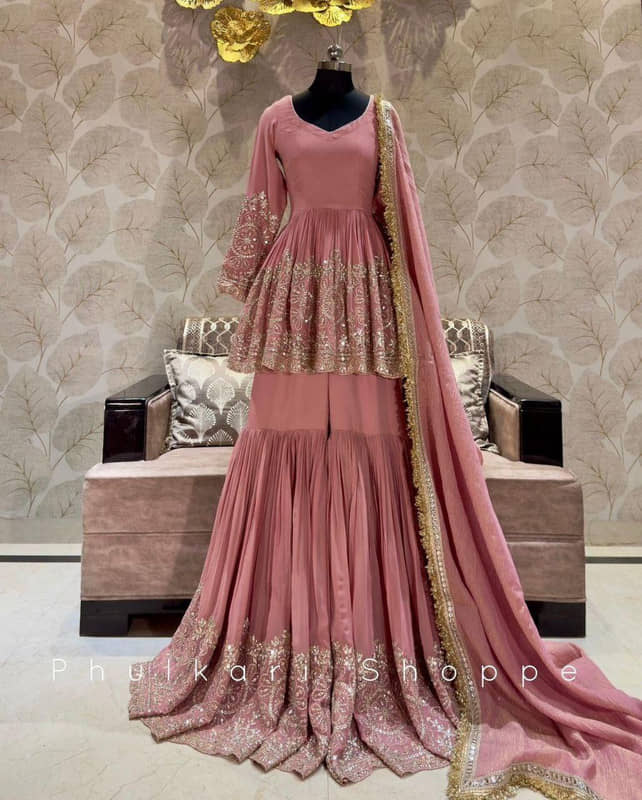 BHAGYASHRAY Georgette Embellished Kurti With Sharara And Gharara Women's Stitched Salwar Suit - Peach ( Pack of 1 )