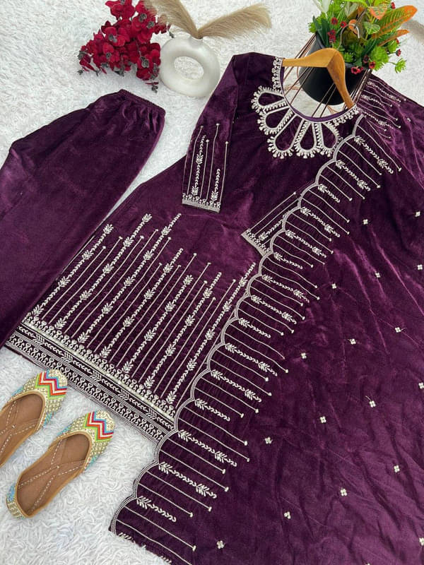     			BHAGYASHRAY Velvet Embellished Kurti With Pants Women's Stitched Salwar Suit - Wine ( Pack of 1 )