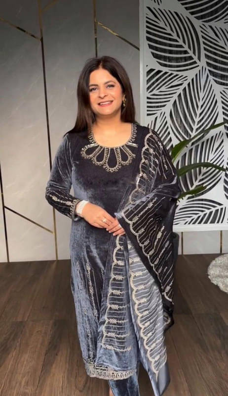     			BHAGYASHRAY Velvet Embellished Kurti With Pants Women's Stitched Salwar Suit - Grey ( Pack of 1 )
