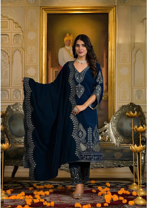 BHAGYASHRAY Velvet Embroidered Kurti With Pants Women's Stitched Salwar Suit - Blue ( Pack of 1 )