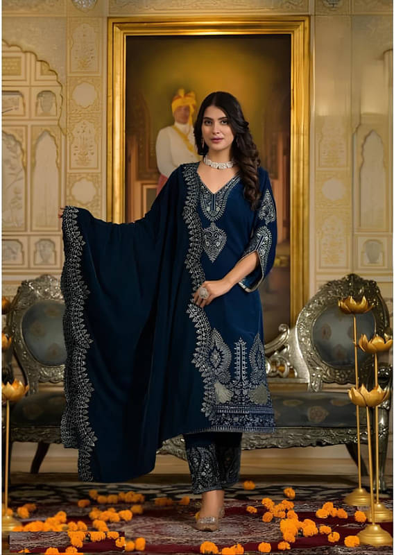     			BHAGYASHRAY Velvet Embroidered Kurti With Pants Women's Stitched Salwar Suit - Blue ( Pack of 1 )