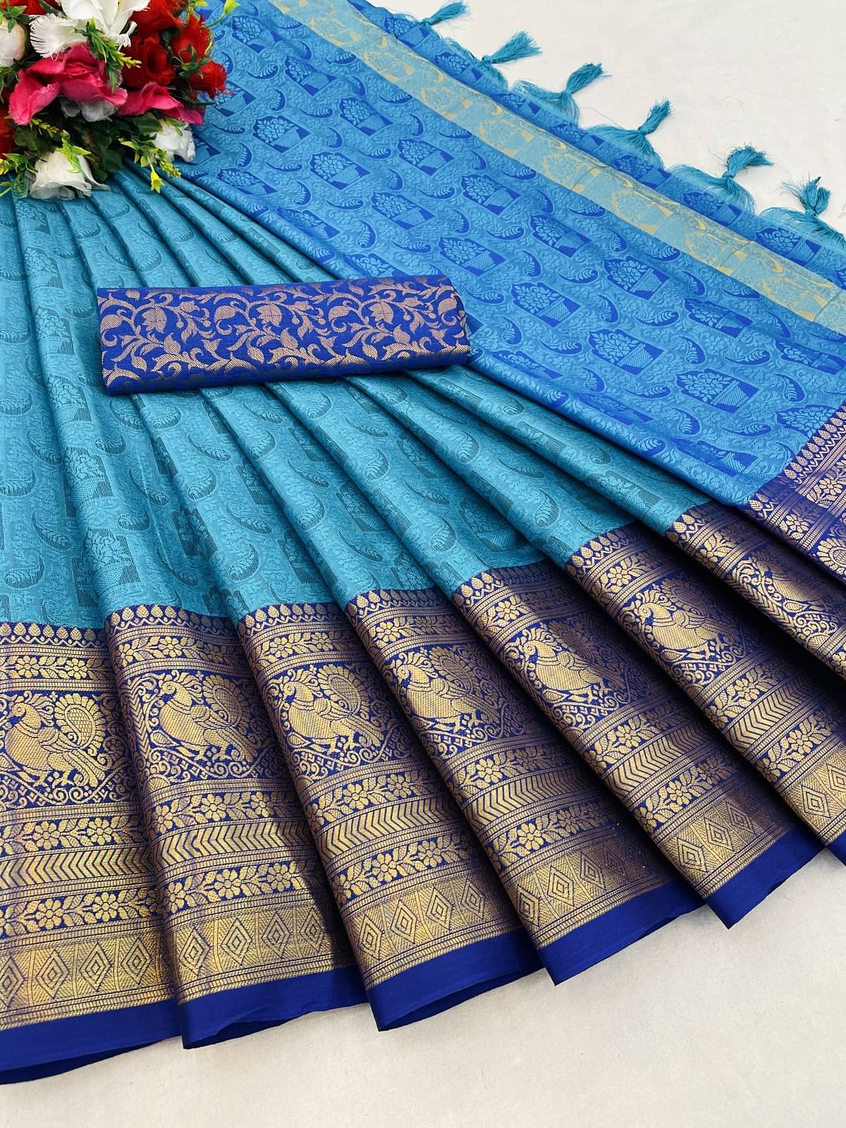     			KV Fashion Art Silk Embellished Saree With Unstitched Blouse Piece ( Light Blue )