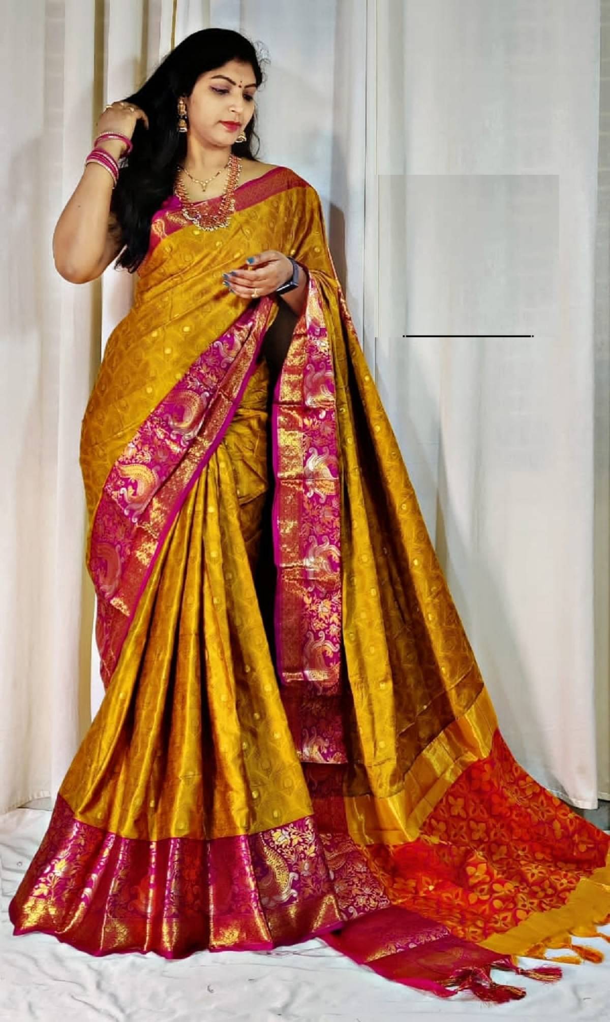     			KV Fashion Banarasi Silk Embellished Saree With Unstitched Blouse Piece ( Mustard )