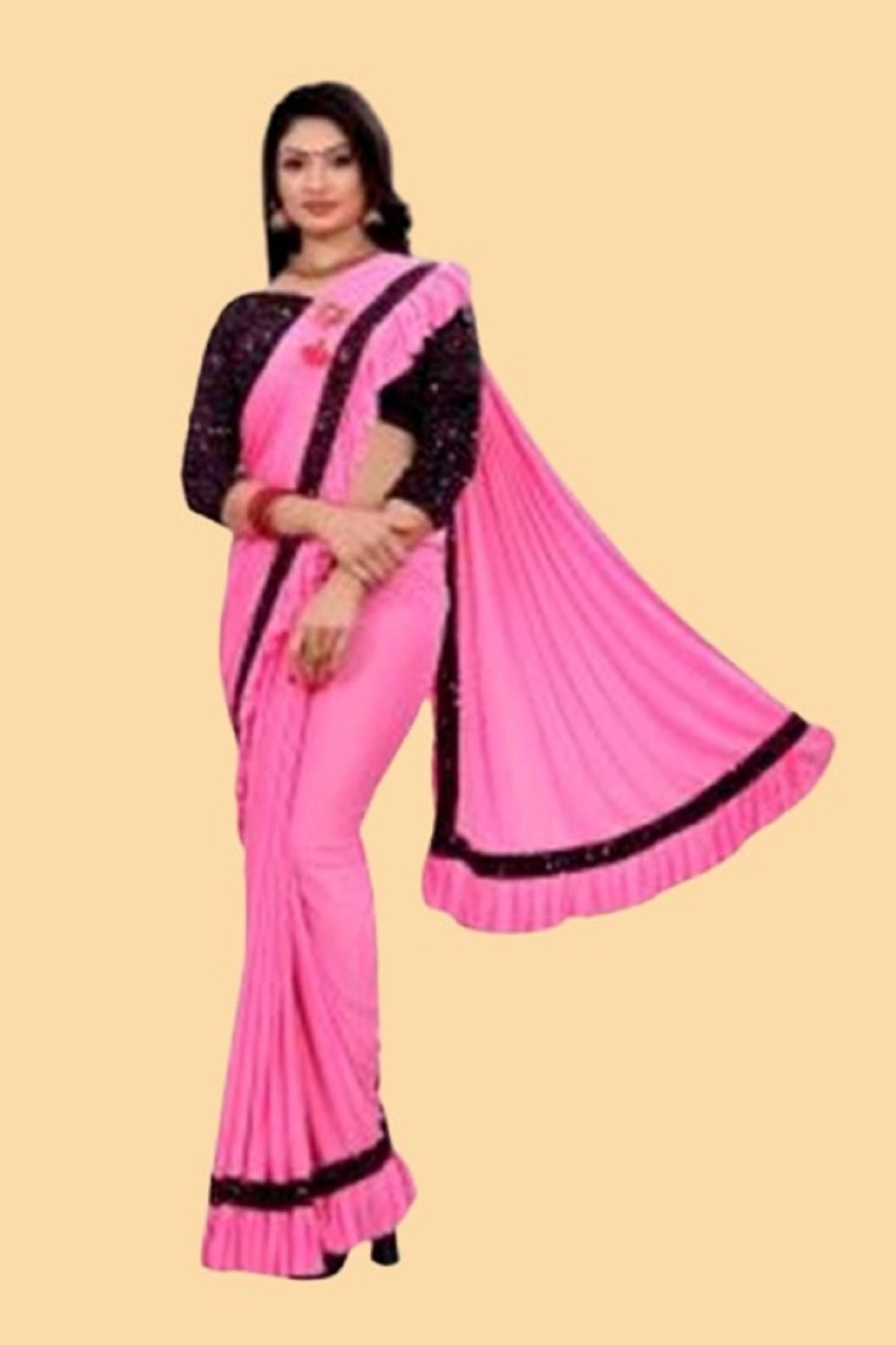     			KV Fashion Lycra Embellished Saree With Unstitched Blouse Piece ( Pink )