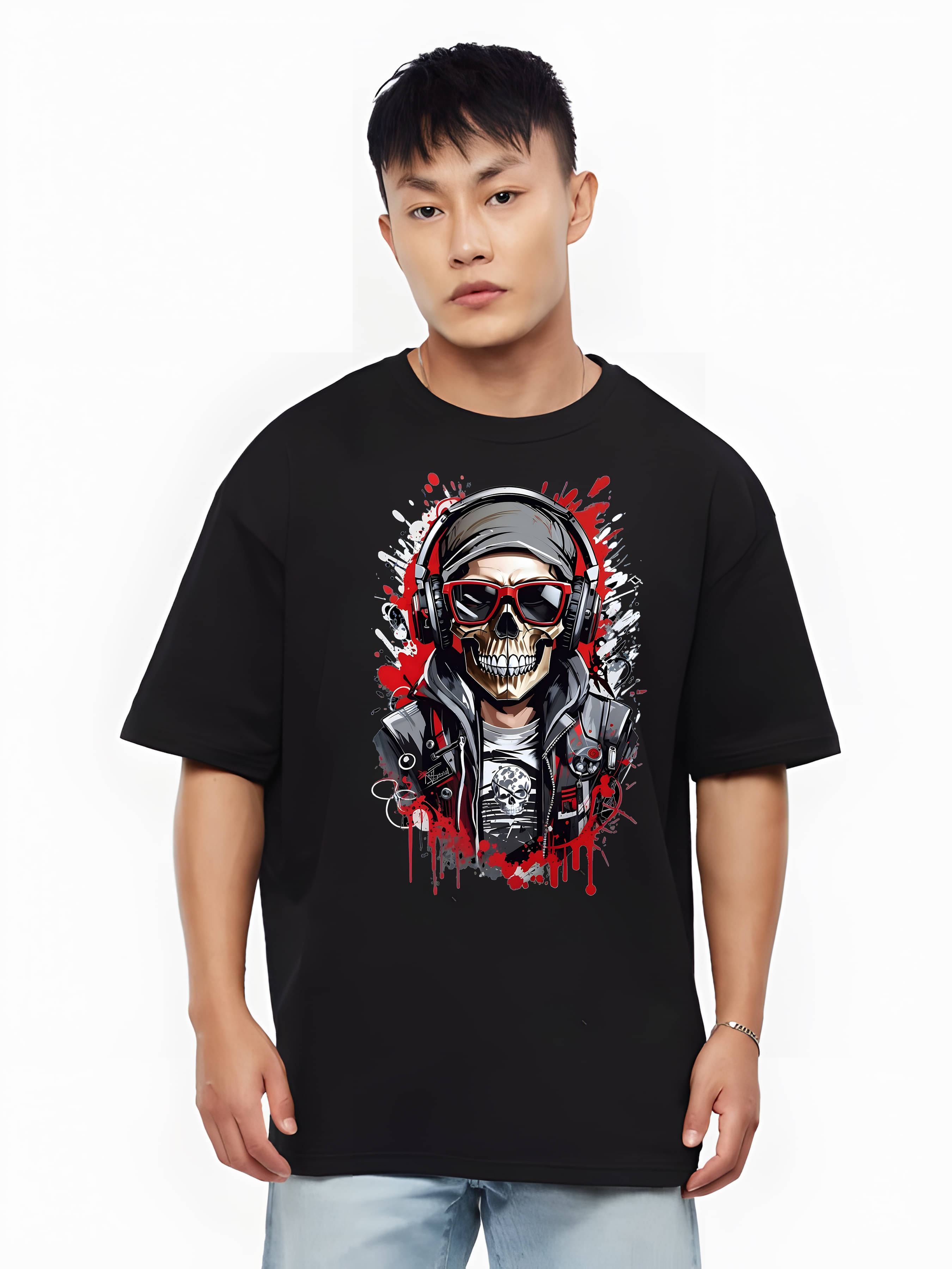 Kaido 100% Cotton Oversized Fit Self Design Half Sleeves Men's Round T-Shirt - Black ( Pack of 1 )     			Kaido 100% Cotton Oversized Fit Self Design Half Sleeves Men's Round T-Shirt - Black ( Pack of 1 )