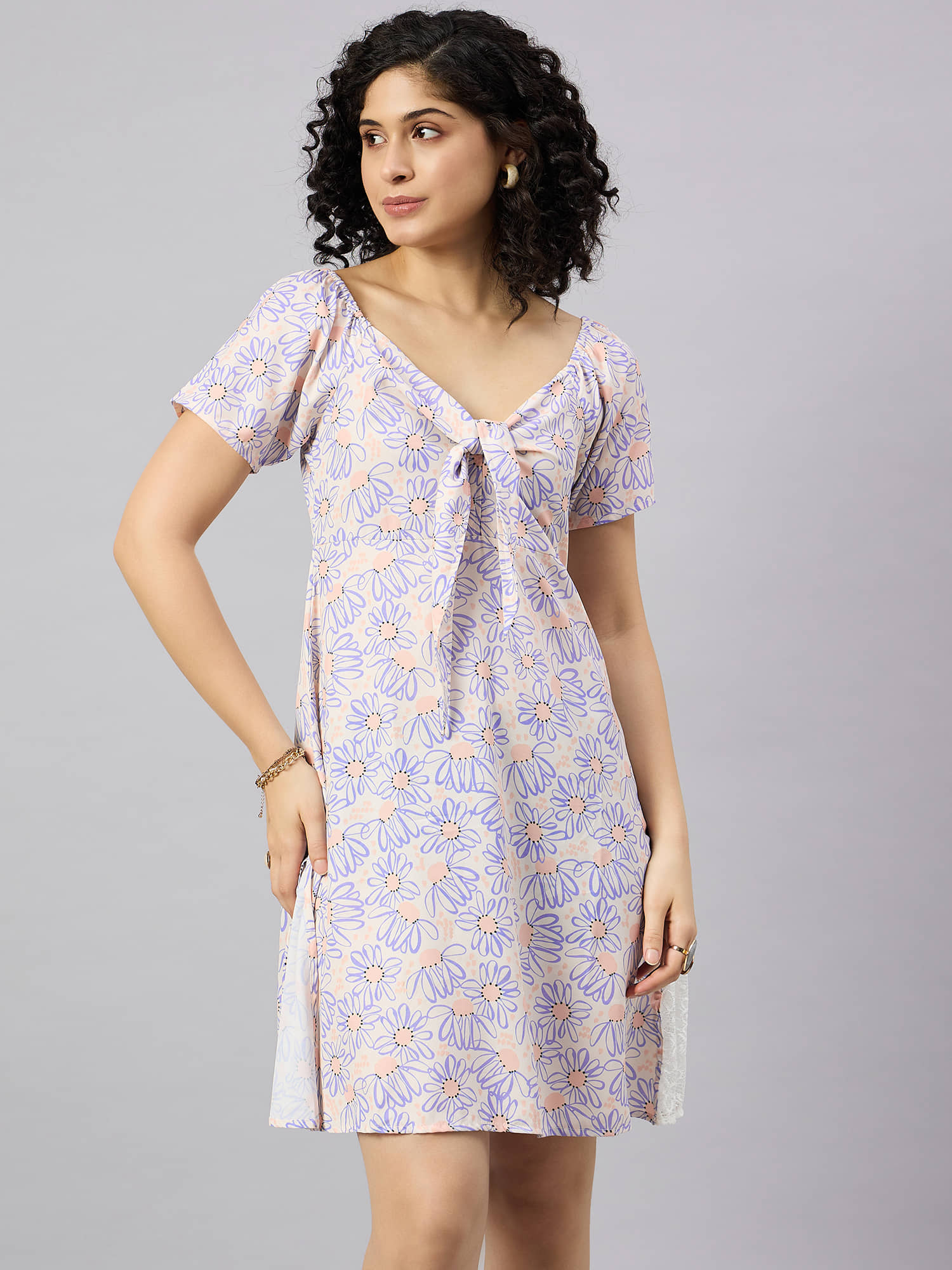 Kuwarii Women Polyester Printed Fit & Flare Dress ( Beige )