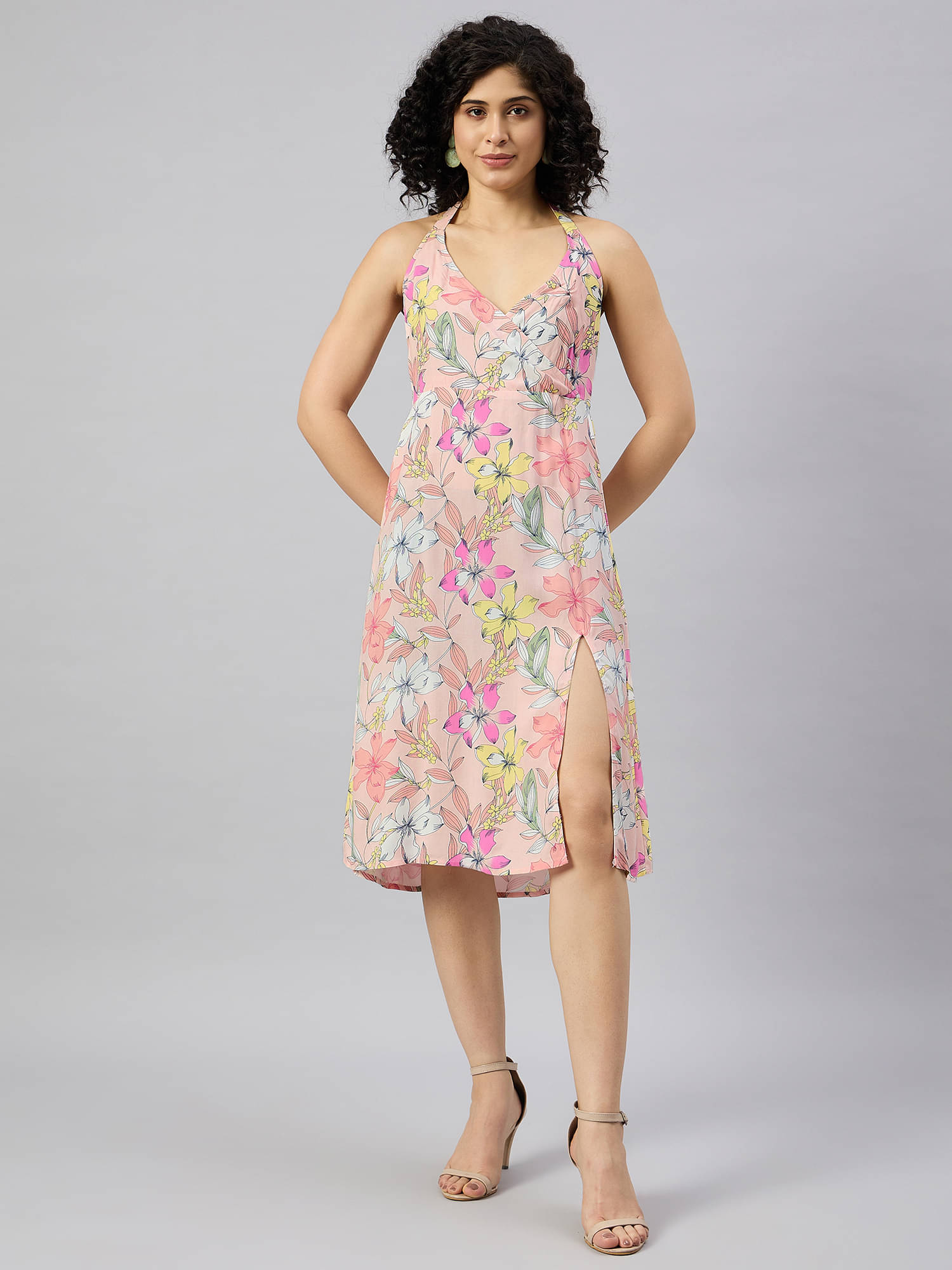 Kuwarii Women Polyester Printed Side Slit Dress ( Beige ) Kuwarii Women Polyester Printed Side Slit Dress ( Beige )