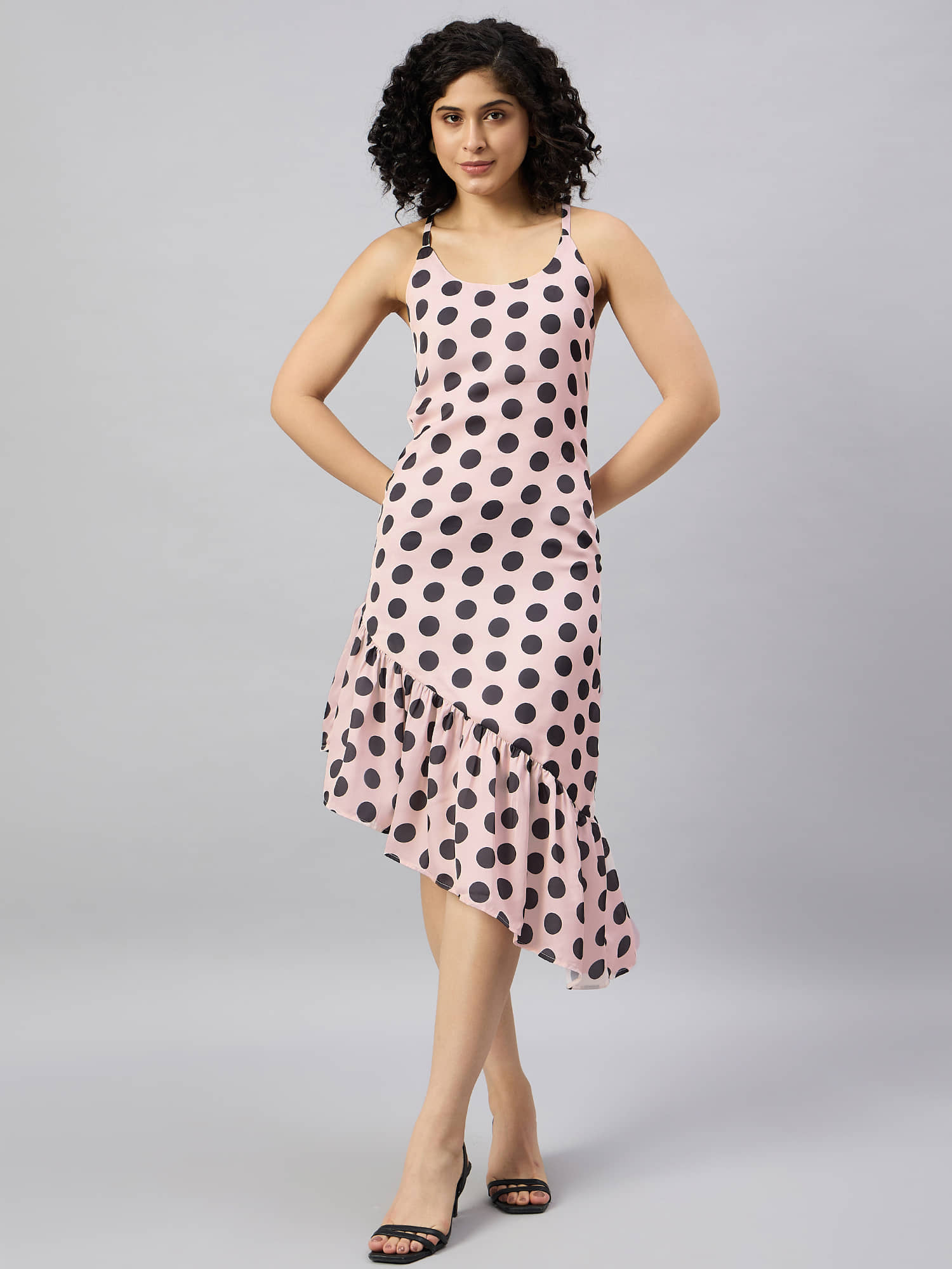 Kuwarii Women Polyester Printed Asymmetric Dress ( Beige )