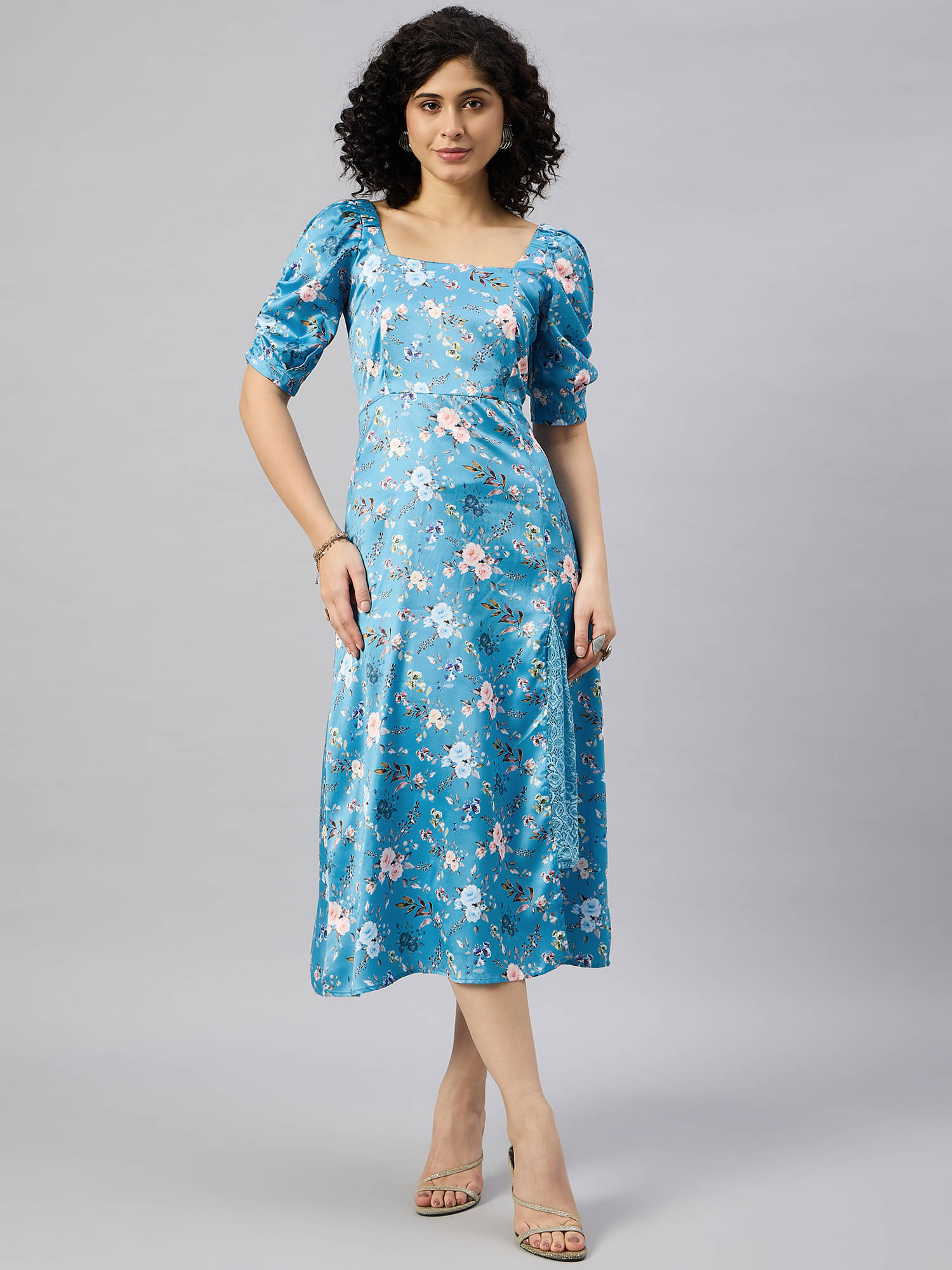 Kuwarii Women Polyester Printed Side Slit Dress ( Blue ) Kuwarii Women Polyester Printed Side Slit Dress ( Blue )