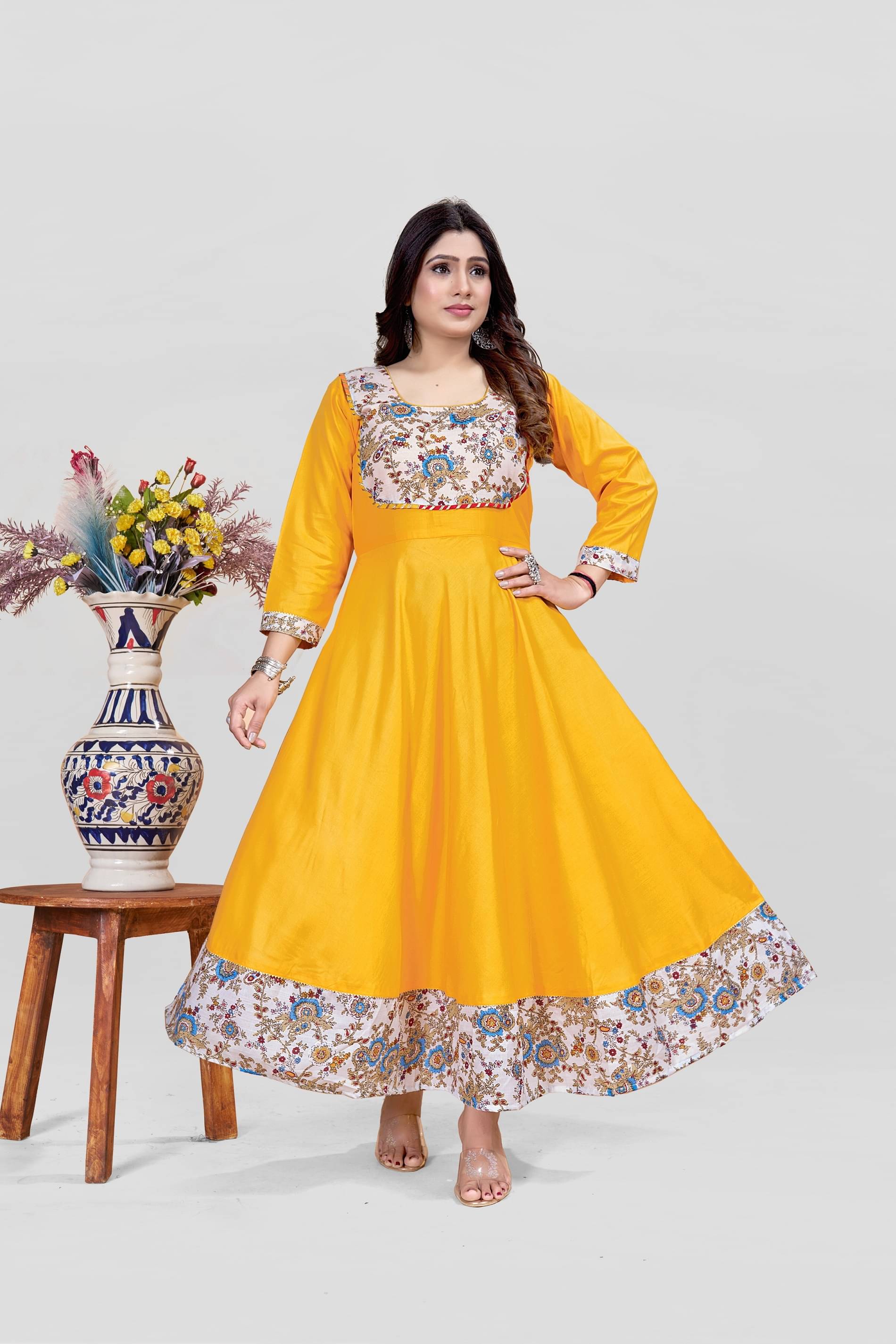     			MEESORRA Pack of 1 Rayon Printed Anarkali Women's Kurti - ( Mustard )