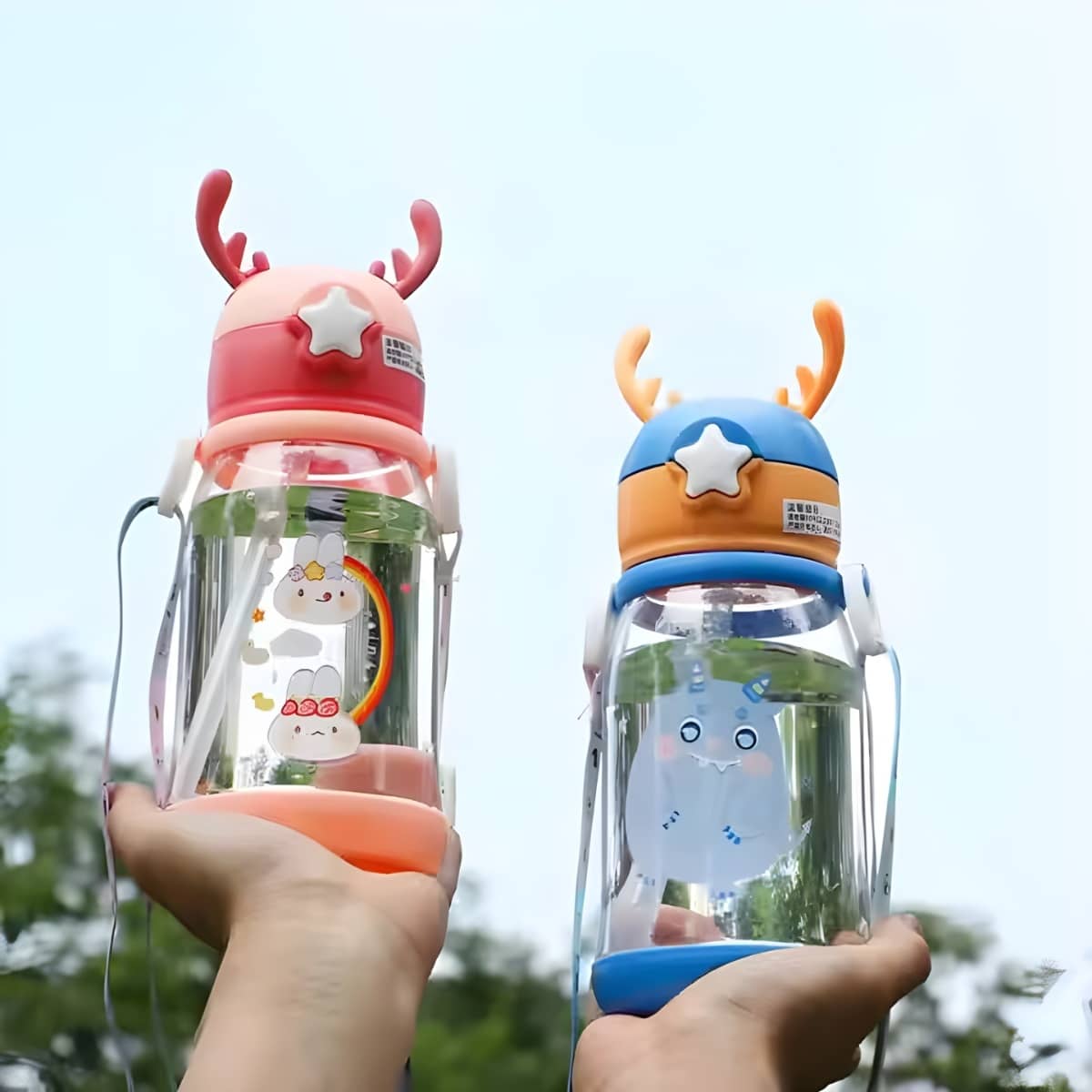 SARVASHVA TRENDS Cartoon Water Bottle with Straw Multicolour Plastic School Water Bottle 600 mL ( Set of 1 )
