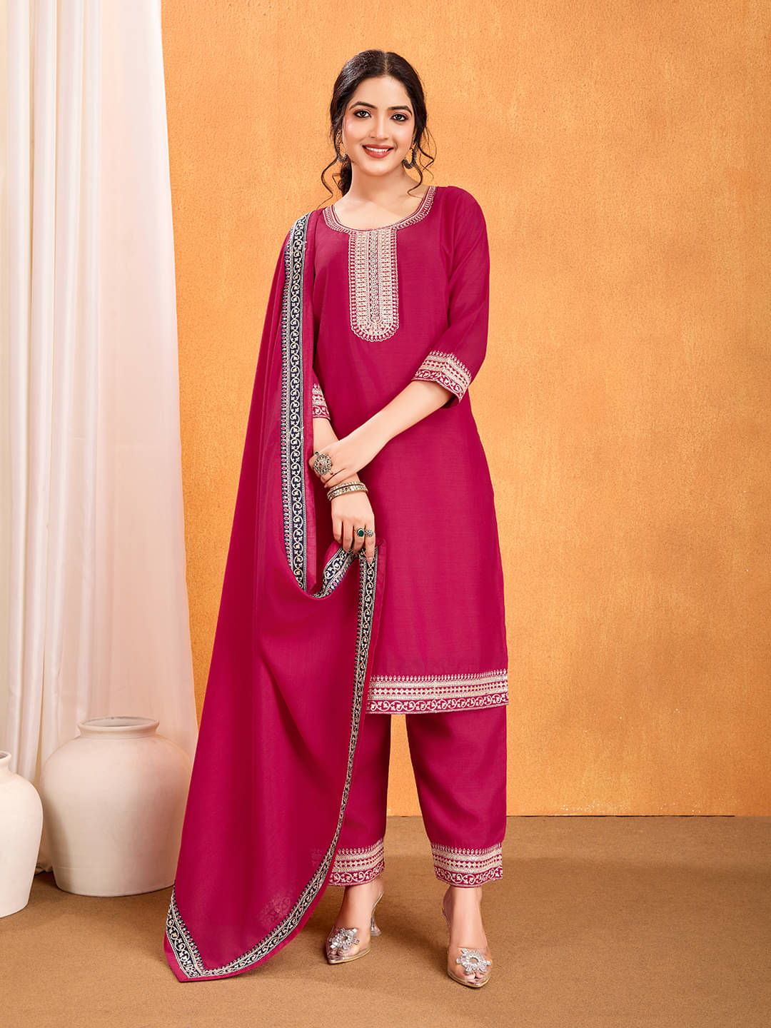     			SHRIMORI Georgette Embroidered Kurti With Pants Women's Stitched Salwar Suit - Pink ( Pack of 1 )