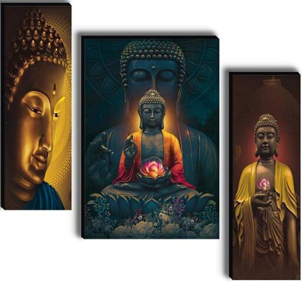 SNDArt Set Of 3 Lord Buddha Wall Paintings For Home Decor Gift Items 12 x18 inch SNDArt Set Of 3 Lord Buddha Wall Paintings For Home Decor Gift Items 12 x18 inch