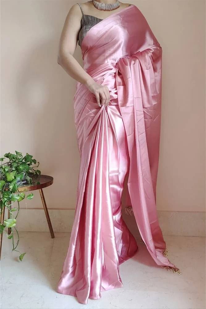     			Saadhvi Satin Solid Saree With Unstitched Blouse Piece ( Pink )